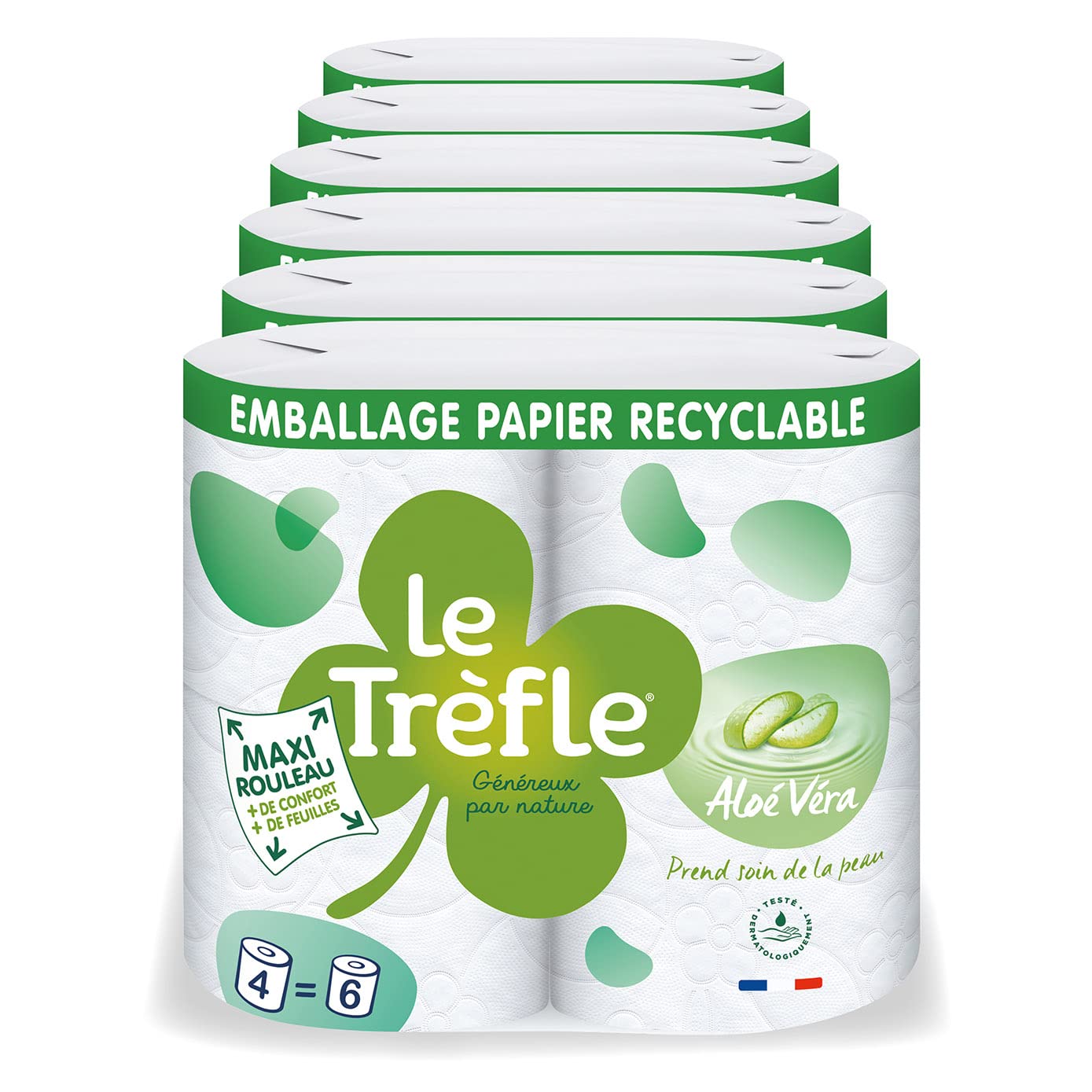 El Trébol® Aloe Véra - Papel higiénico - 24 rollos máximos = 36 rollos clásicos - Esponjoso triple grosor - Loción Aloe Vera - Embalaje de papel reciclable - Papel certificado FSC® Mixto