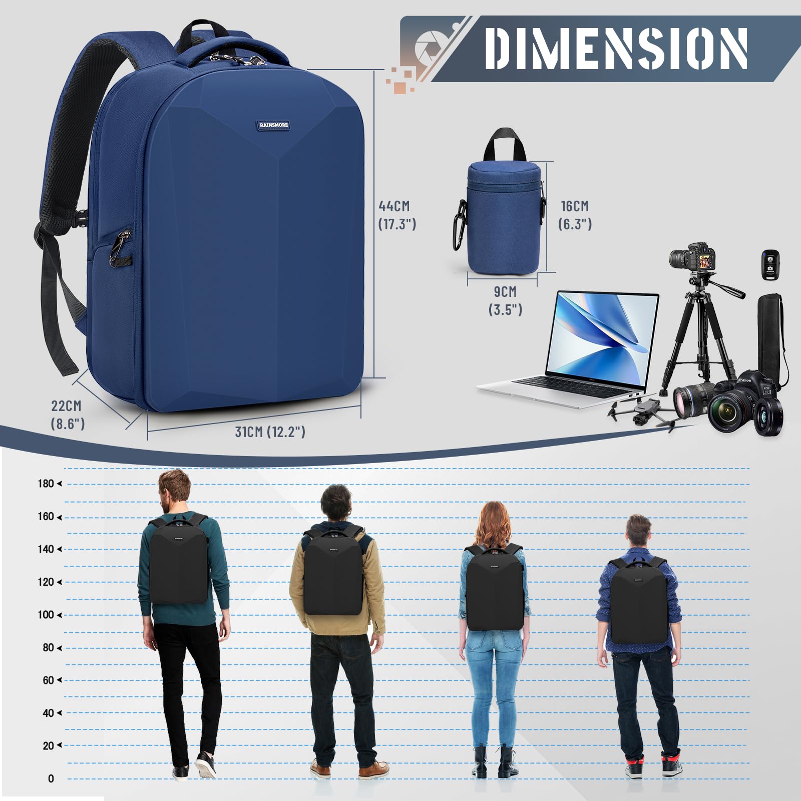 RAINSMORE Zaino per fotocamera DSLR/SLR Borsa per fotocamera con copertura antipioggia per fotografi Zaino impermeabile per laptop professionale