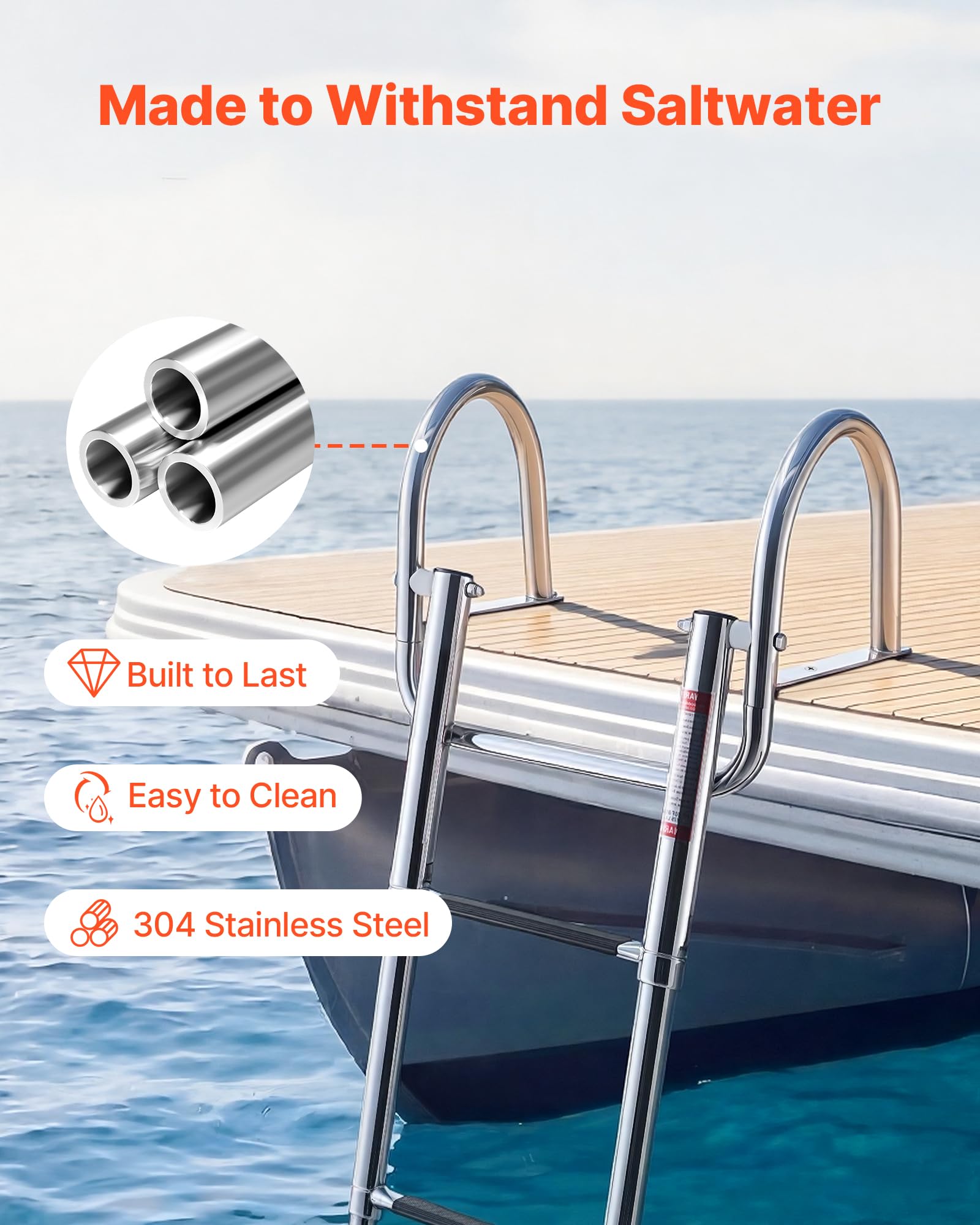 VEVOR Échelle de Bateau 4 Marches en Acier Inoxydable, Échelle de Baignade Pliante et Télescopique avec Mains Courantes pour Bateau Hors-Bord, Yacht et Ponton, Charge 272,16 kg, Marches Antidérapantes