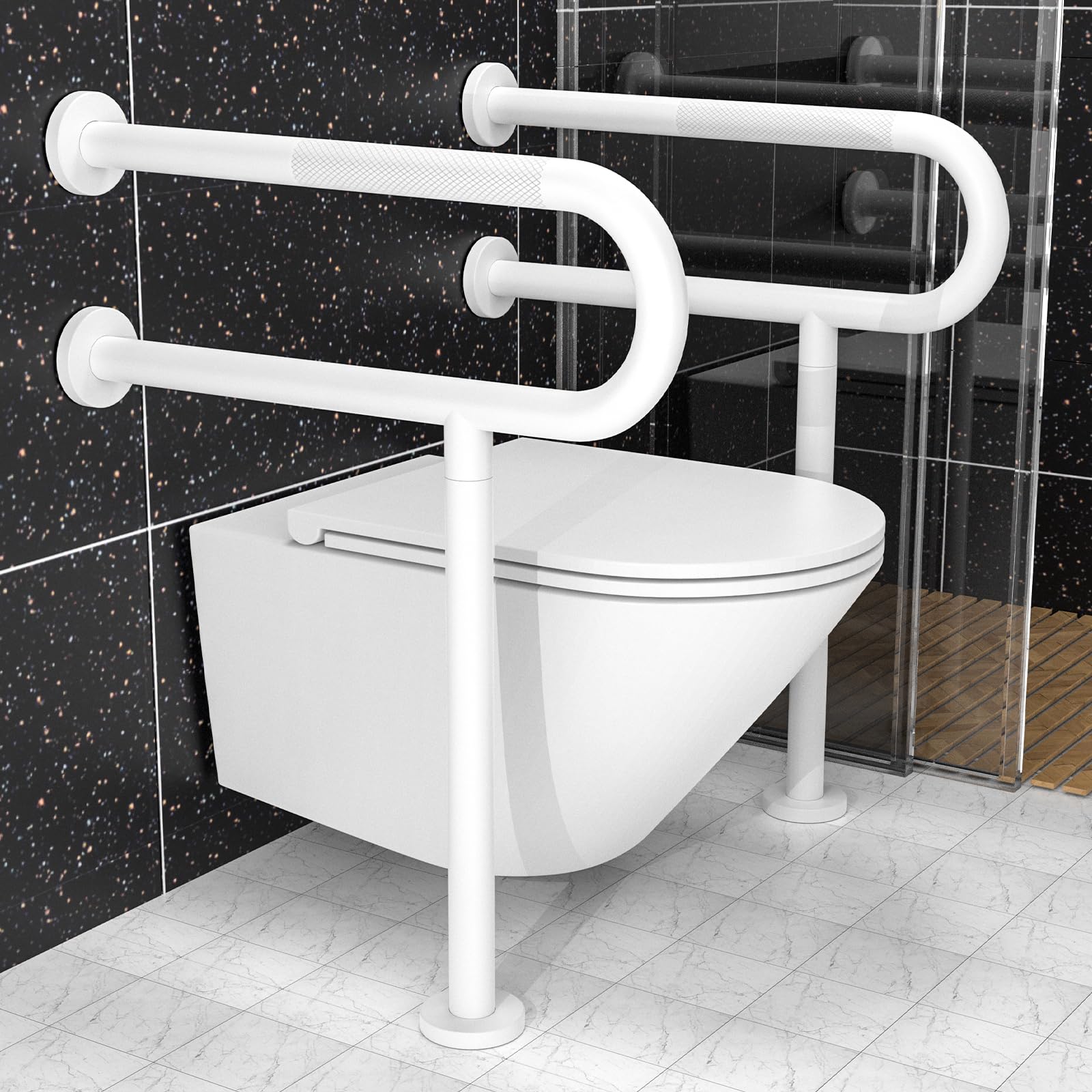 White Toilet Support Rail 23.4x 28 Inch, Munzong Anti-Slip Floor To Wall Handicap Grab Bar for Bathroom,SUS304 Stainless Steel Knurled Safety handrails with Leg for Elderly Disabled Pregnant-1.25’Tube