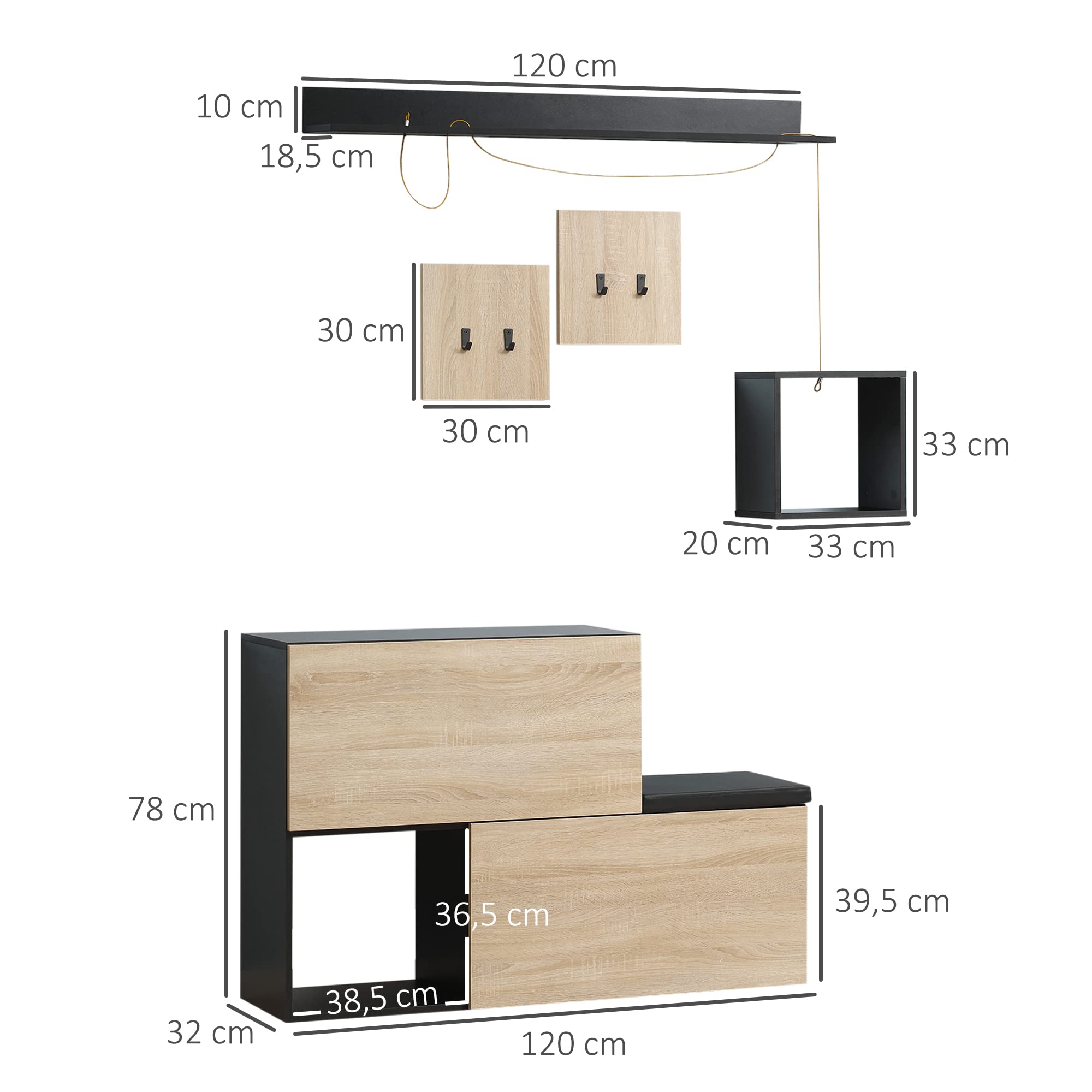 HOMCOM Set Mobile da Ingresso con Attaccapanni, Scarpiera con Panca, Mensola e Scaffale a Cubo in Legno, Grigio e Naturale