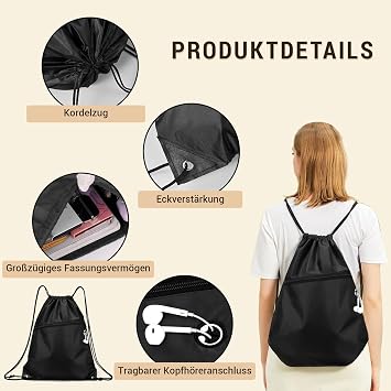 Pack of 3 Backpack with Drawstring Gym Bag Black Sports Bag Sports Bag with Drawstring Adjustable Gym Bag with Zip Outside for Sports and Travel