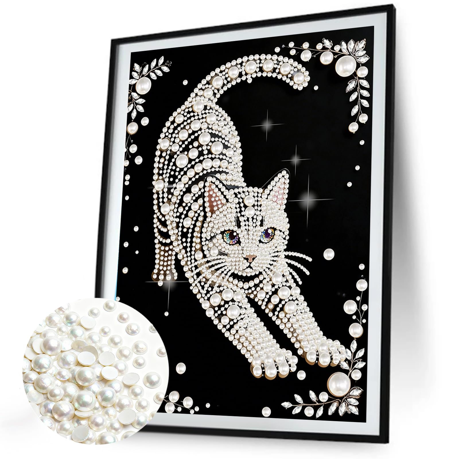 DIY Pearl Painting Kit with Wooden Frame, 3D Plastic Pearl Gemstone Ocean Art Craft for Adults Beginners, Diamond Art Kits for Adults, Home Wall Decor Ready Gift for Women(Kitten)(30 * 40cm)