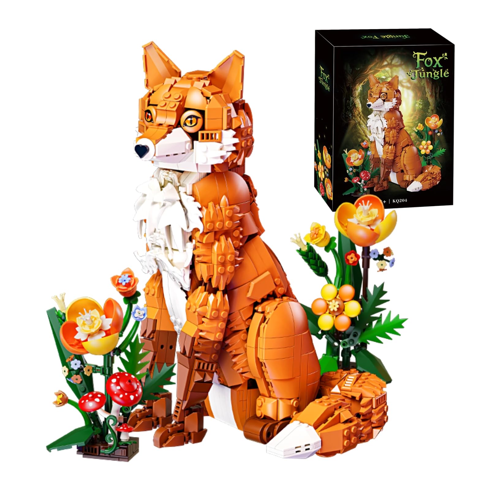 Jungle Fox Building Set, Forest Animal Brick Kit with Flowers Mushroom Scenery, Movable Fox Model Toy, Home Office Decor, Creative Gift for Adult Teen