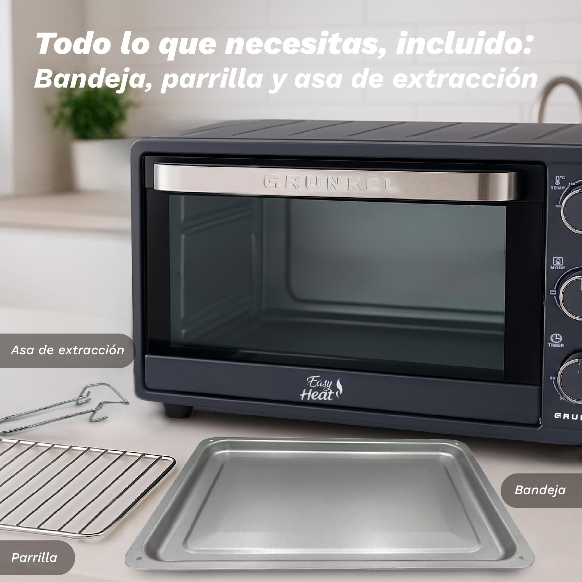Grunkel Forno elettrico multifunzione da tavolo da 23 l, con 3 funzioni di calore e selettore di temperatura fino a 230 °C. Timer fino a 60 minuti - 1600 W