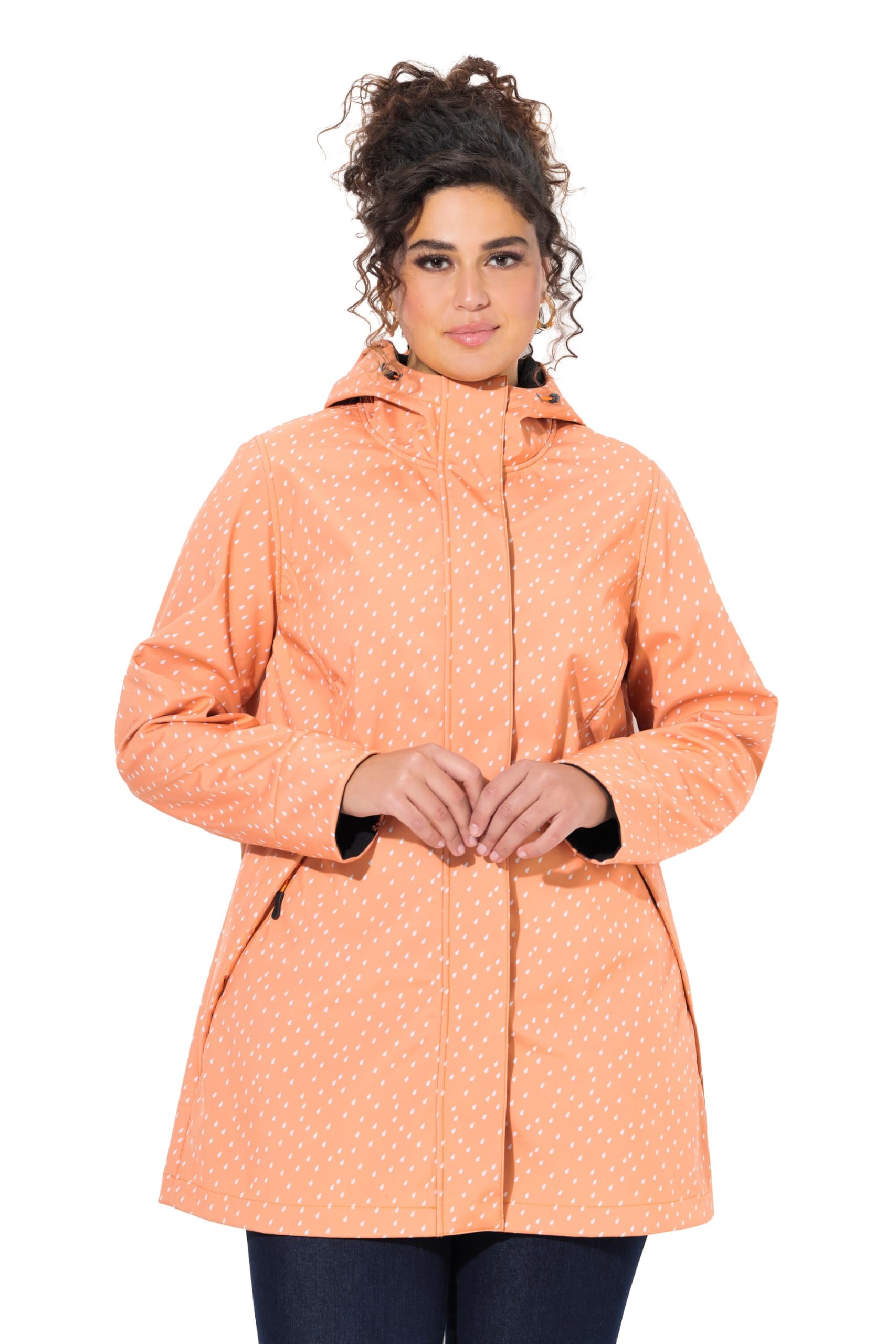 Ulla Popken Damen große Größen Übergrößen Plus Size Softshell-Longjacke, wasserdicht, Regentropfen-Muster, Kapuze 837623