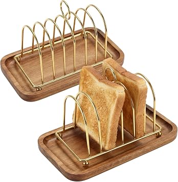 Toast Rack, Set of 2 Gold 6-Slice Bread Holders, Victorian Style Stainless Steel Toast Stand with 2 Acacia Wood Trays, for Breakfast, Buffet and English Afternoon Tea