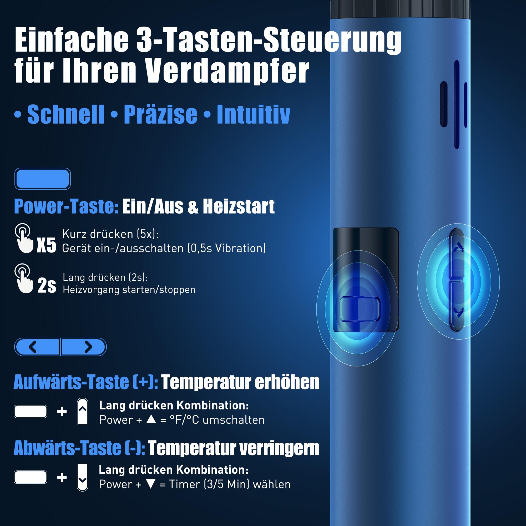 Yocan HIT Kräuter Verdampfer, Keramik-Heizkammer, 93–249°C, Herb Vaporizer | Tragbarer Kraut-Verdampfer, 1400 mAh Akku, Vibrationsfeedback, OLED-Display, Einfache Reinigung, Blau