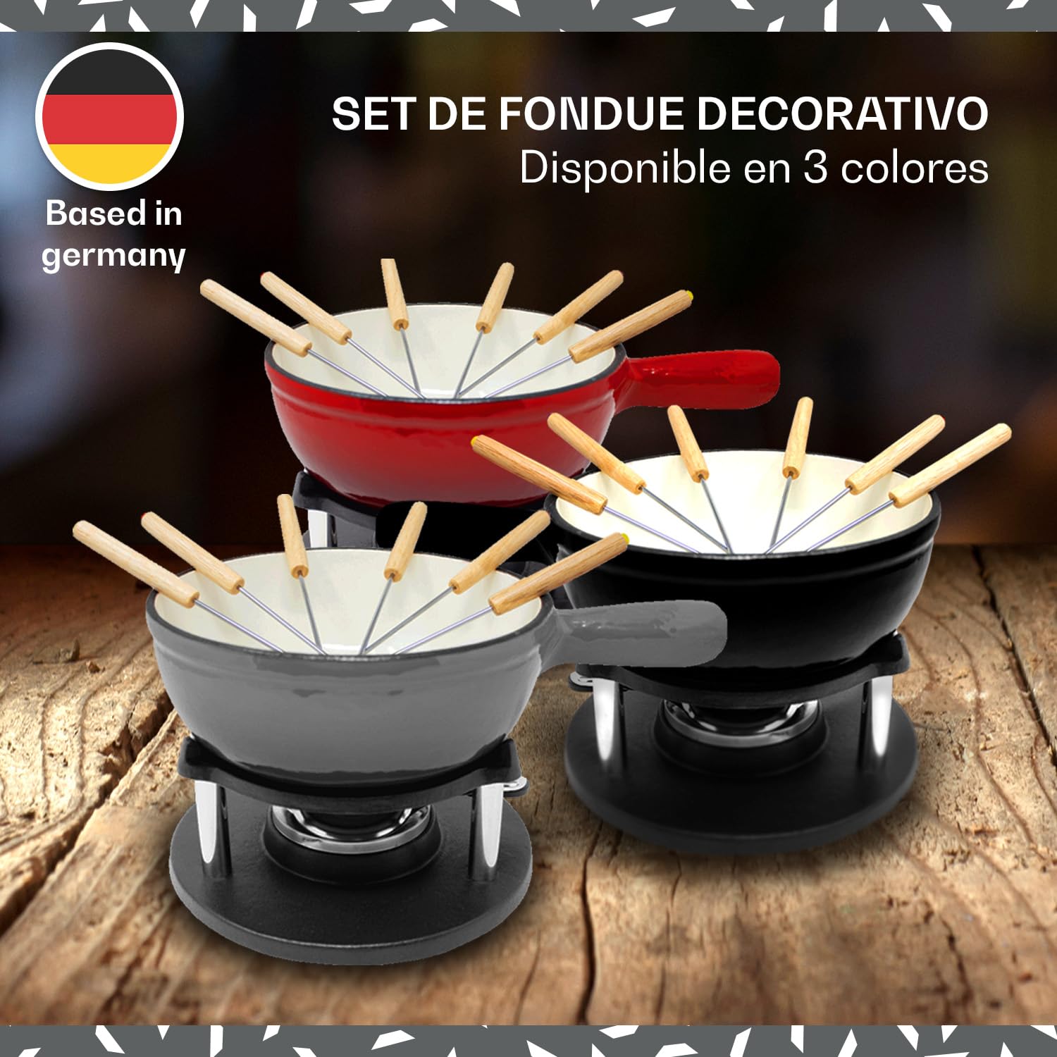 Fondue para Quesos y Chocolate con Quemador, Fondue Chocolate con 6 Palos para Mojar, Kit de Cocina para Fondue en Casa y Aire Libre, Chocolatera Olla de Hierro Fundido de 1.5L