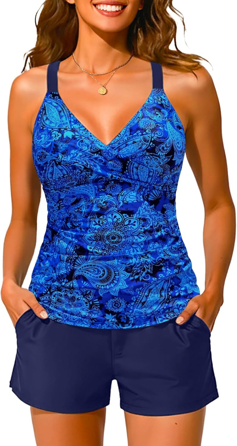 Women Underwire Tankini Swimsuit with Shorts - Two Piece Tummy Control Bathing Suit 2025 Swimwear with Pockets