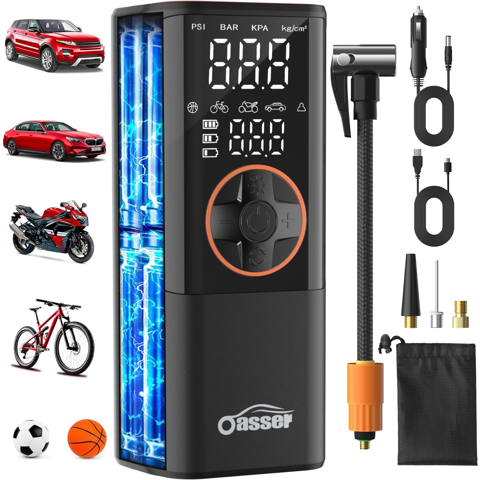 Oasser Elektrische Luftpumpe mit Dualer Anzeige 6000mAh 10,3 Bar Wiederaufladbar Akku Kompressor mit LED Beleuchtung 3M 12V Zigarettenanzünder für Auto Motorrad Fahrrad Ball Reise Camping