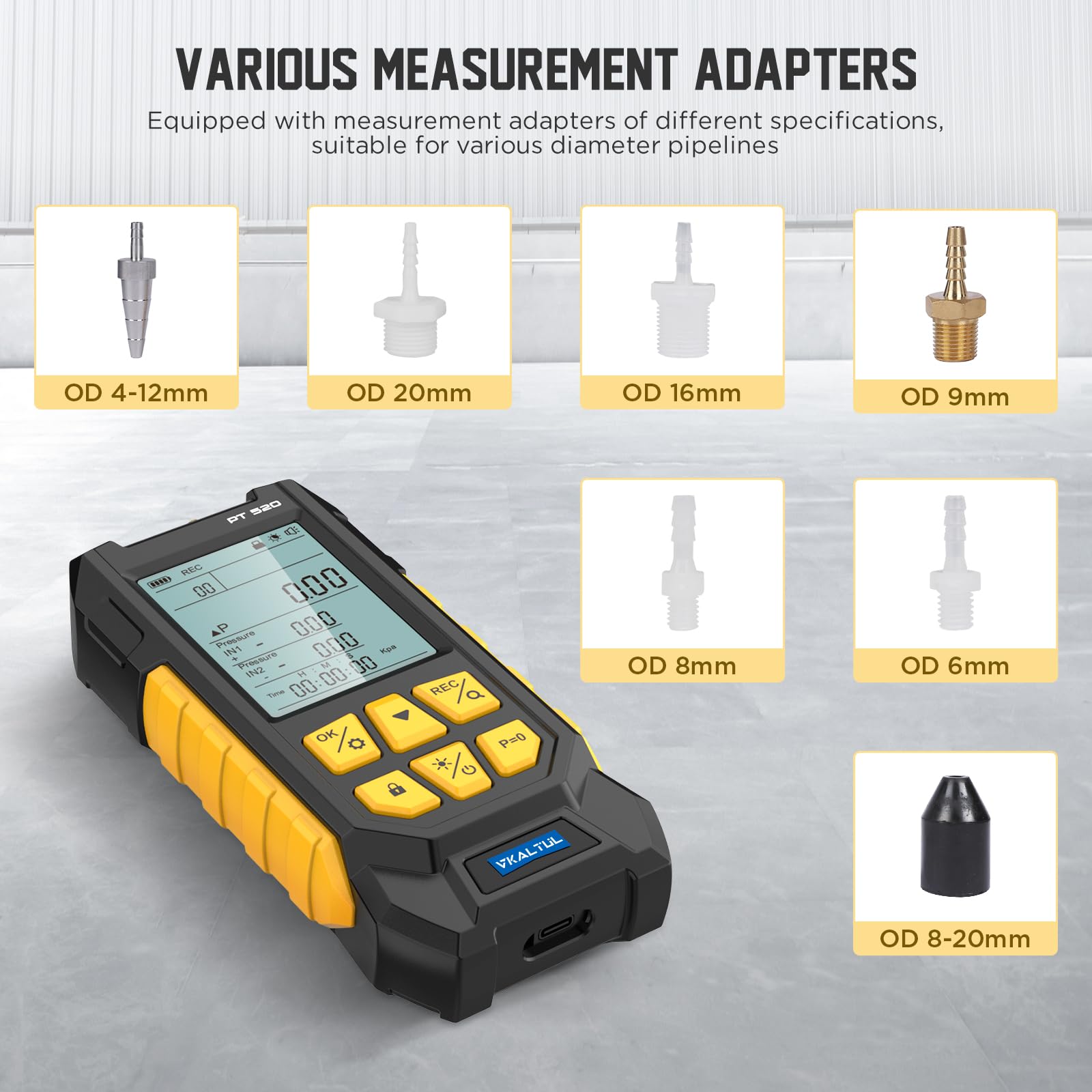 Manómetro de presión digital,Manómetro de presión de aire comprimido con valor de alta precisión, 10 lecturas, 29 almacenamiento de datos,Múltiples adaptadores de medición, -100~200Kpa