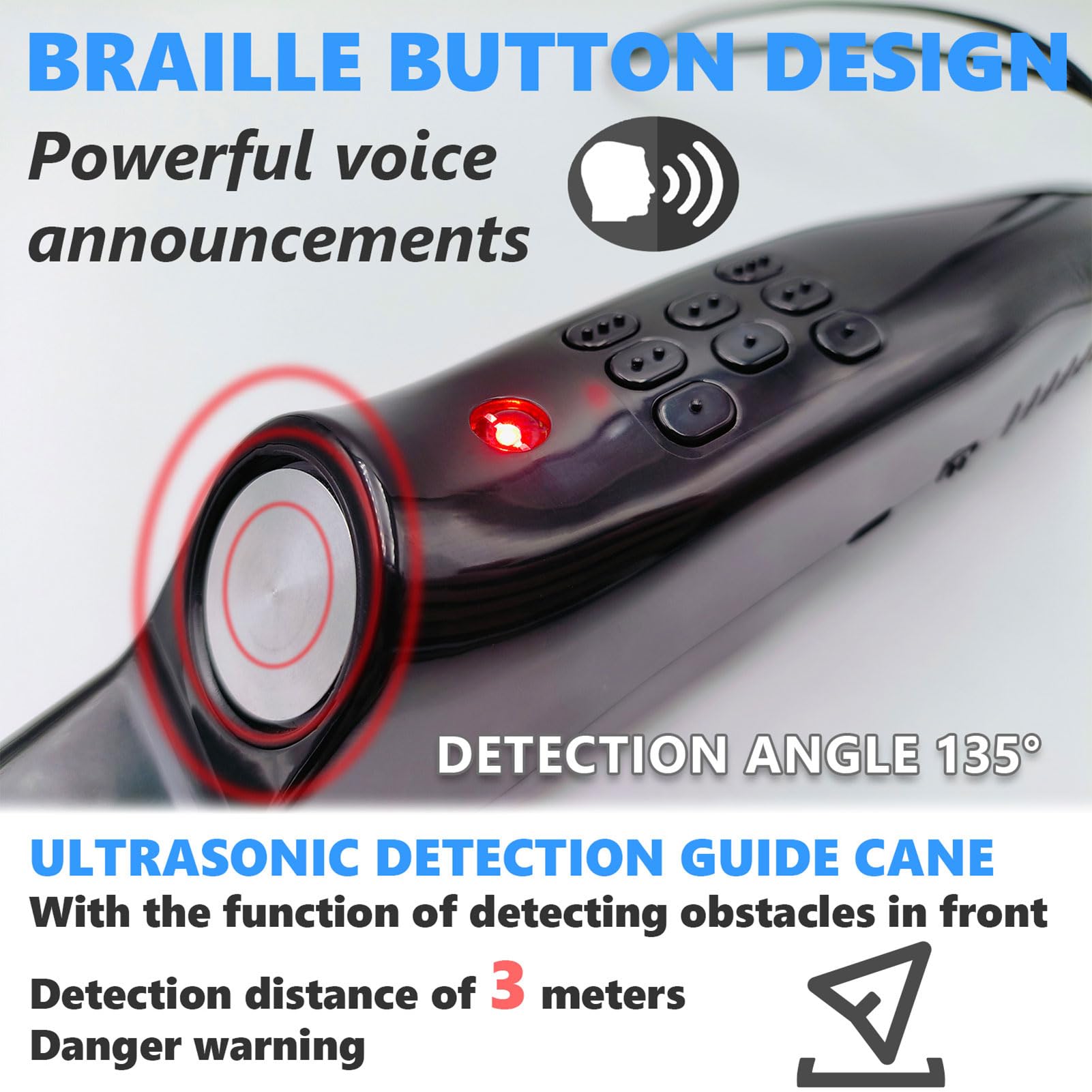 Bastón telescópico Inteligente para Ciegos, bastón Plegable de aleación de Aluminio con detección de obstáculos, Alarma de Voz, indicación de la Hora Actual y Cinta Reflectante roja