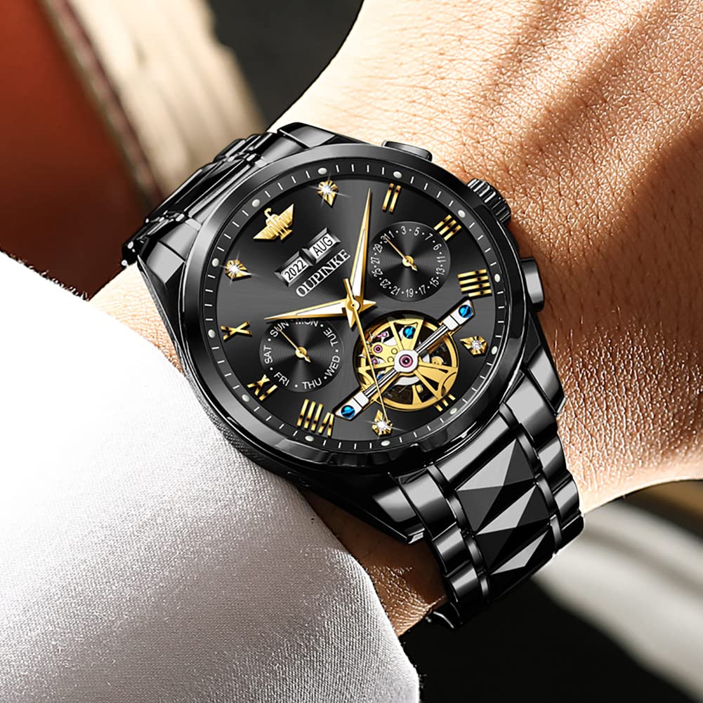 OUPINKE Herrenuhr Automatik Mechanische Armbanduhr mit Mondphase Wasserdicht Luminous Tag Datum Zweifarbige Edelstahlarmband