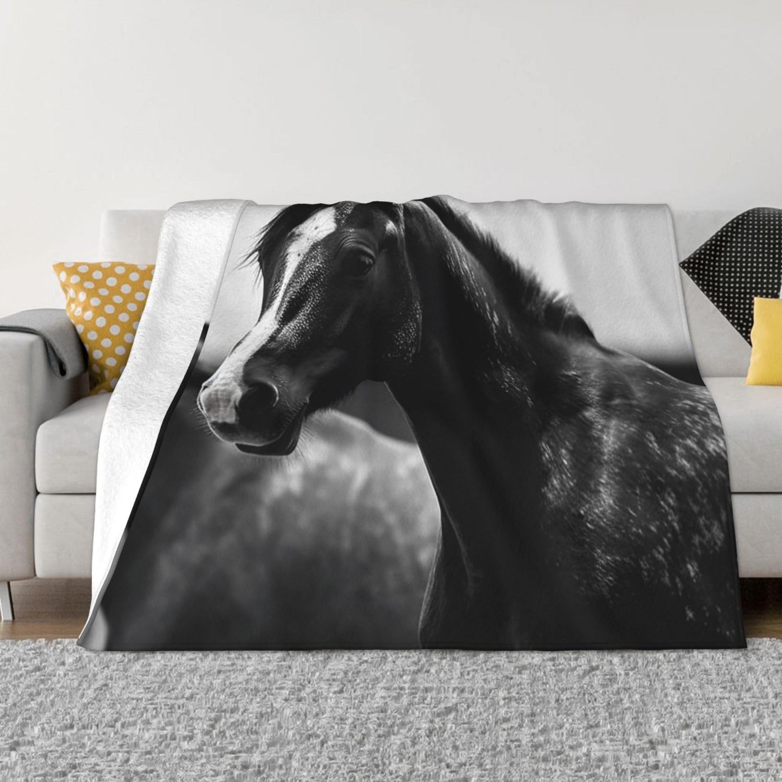 Couverture chevaux noir et blanc flanelle micro-polaire lit et canapé douce et légère 152x127 cm