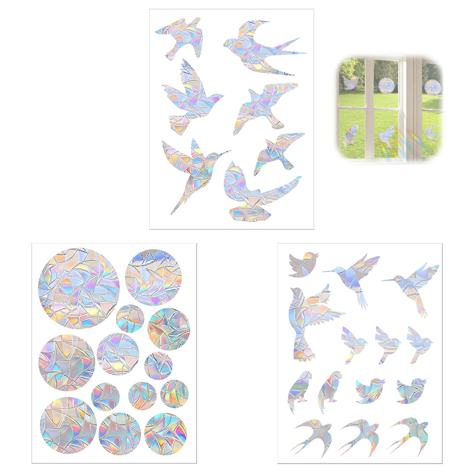 Lot de 48 autocollants de fenêtre Prisme, anti-collision avec style cercle de colibri, Suncatcher Arc-en-Ciel, style cercle de colibri translucides pour les coups d'oiseaux