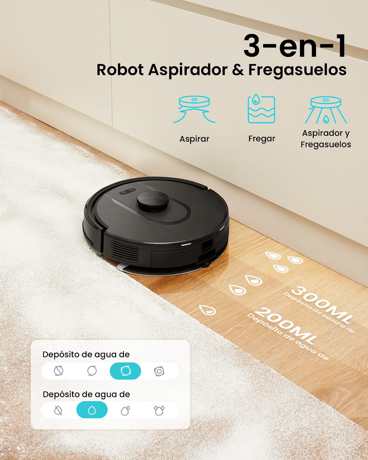 Vexilar W11 Robot Aspirador y Fregasuelos con Potente Succión 6000Pa, Robot Aspirador con Sistema de Navegación Láser Inteligente, Mapeo Inteligente, Base Autovaciado, Negro