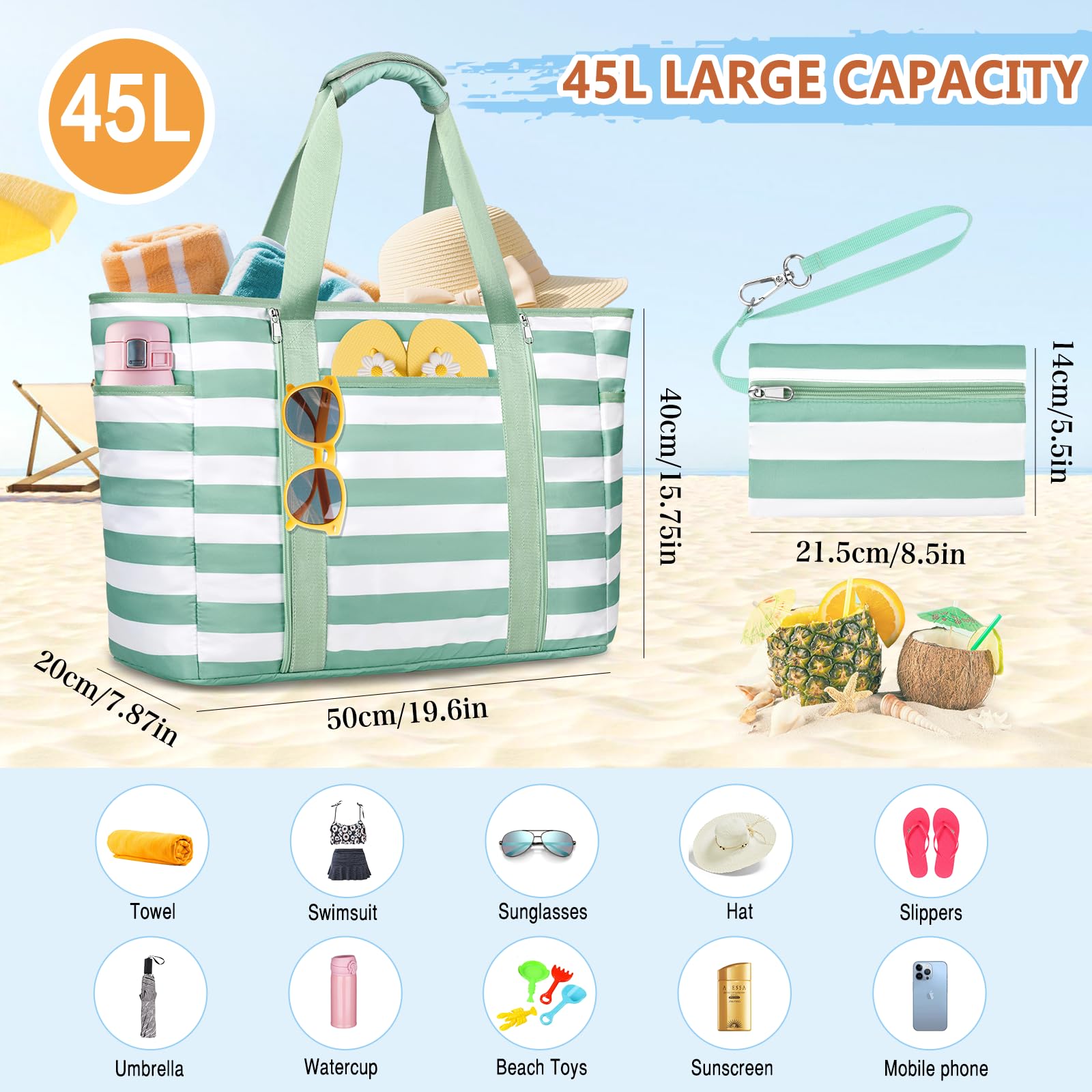 Bolso Playa Mujer, 45L Bolso Playa Grande XXL Familiar con Cremallera, Impermeable Bolso Piscina Mujer Plegable Compartimento para Artículos Mojados Para Viajes, Picnic, Vacaciones