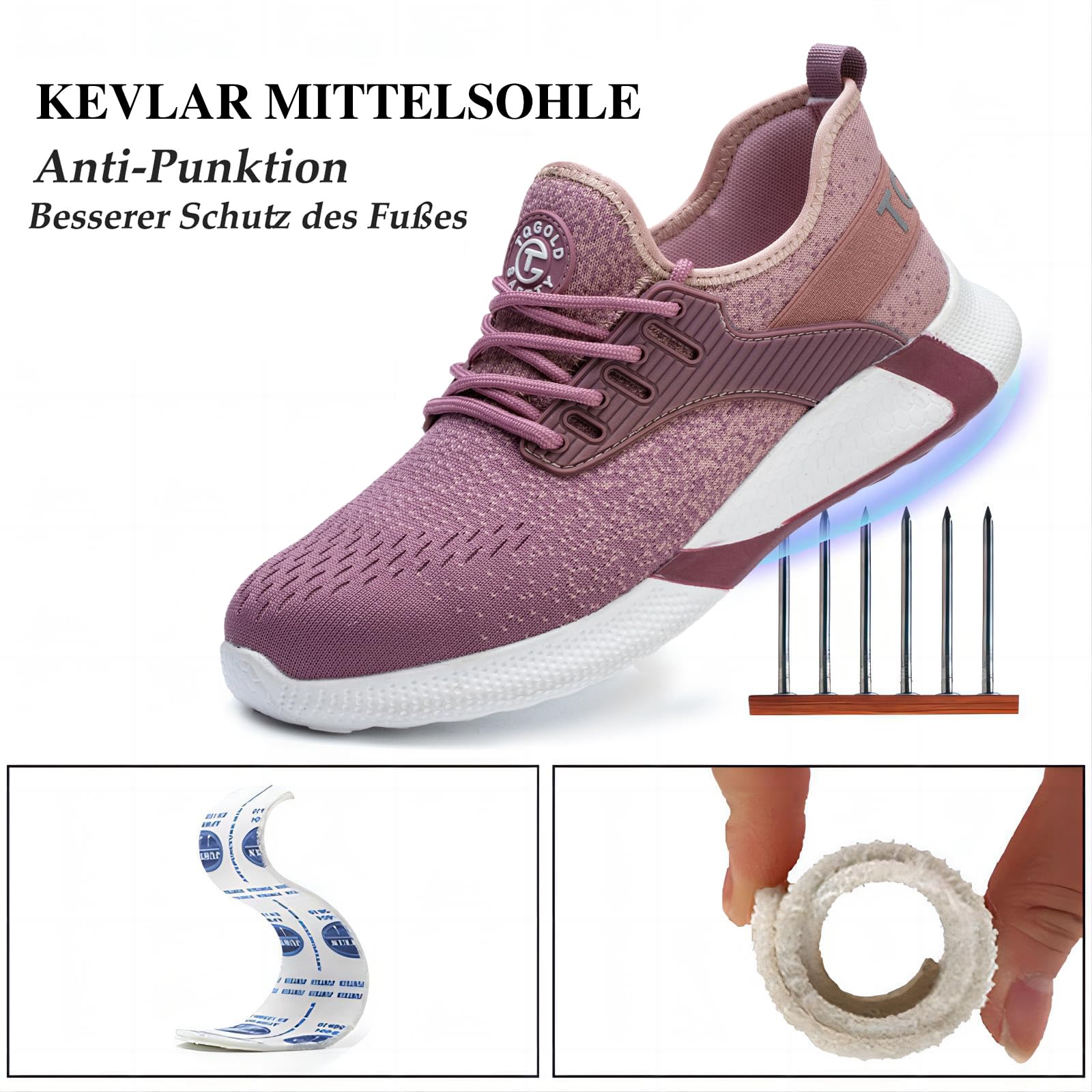 AONETIGER Obuwie ochronne dla mężczyzn i kobiet, S3, lekkie buty robocze, stalowy nosek, sportowe, oddychające, antypoślizgowe, 8195 Pink B, 43 EU