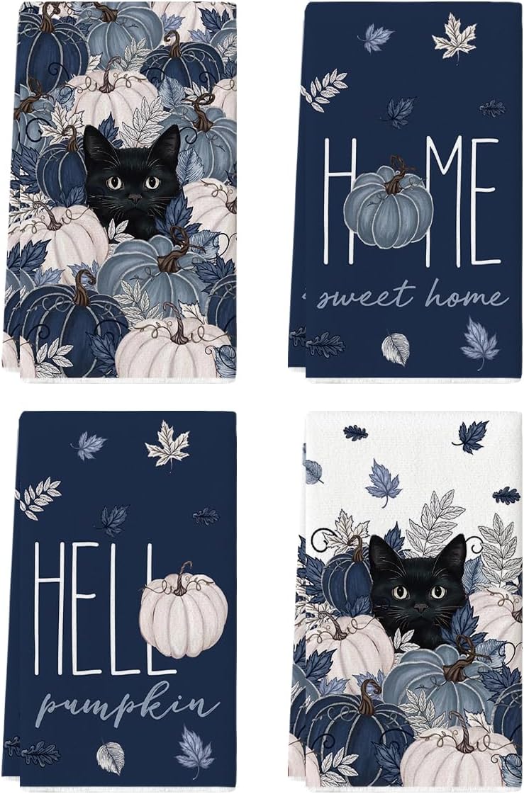 Artoid Mode Orange Pumpkin Cat Fall Kitchen Towels Set of 4 18x26 Inch | Thanksgiving Autumn Leaves Hand & Dish Towels,Ultra Absorbent,Seasonal Farmhouse Decoration