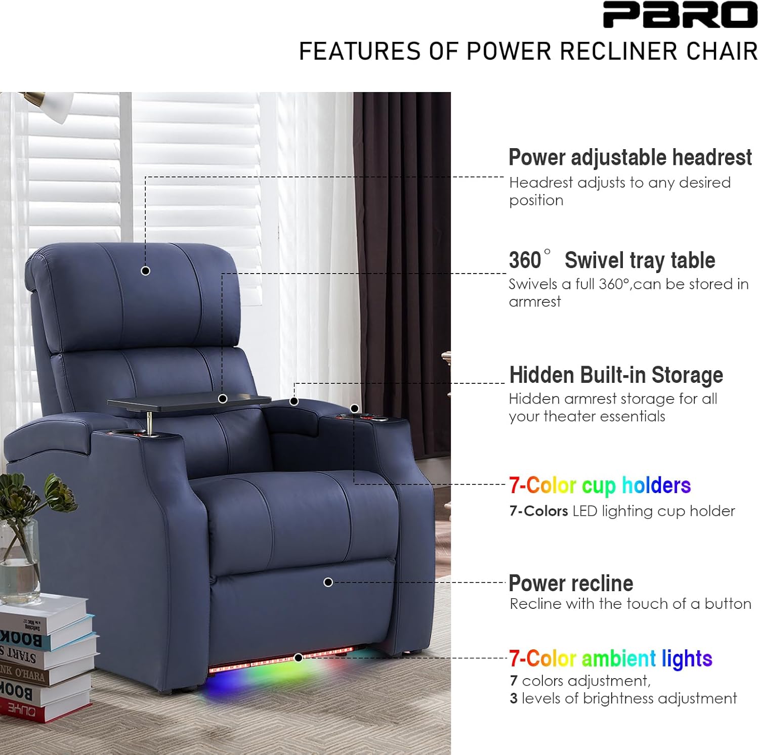 PBRO Home Theater Seating Top Grain Leather, Power Recliner Chair Zero Gravity Sofa, Electric Gaming Reclining Sectional with USB Charge Cup Holder Ambient Lighting(Row of 1 Blue)