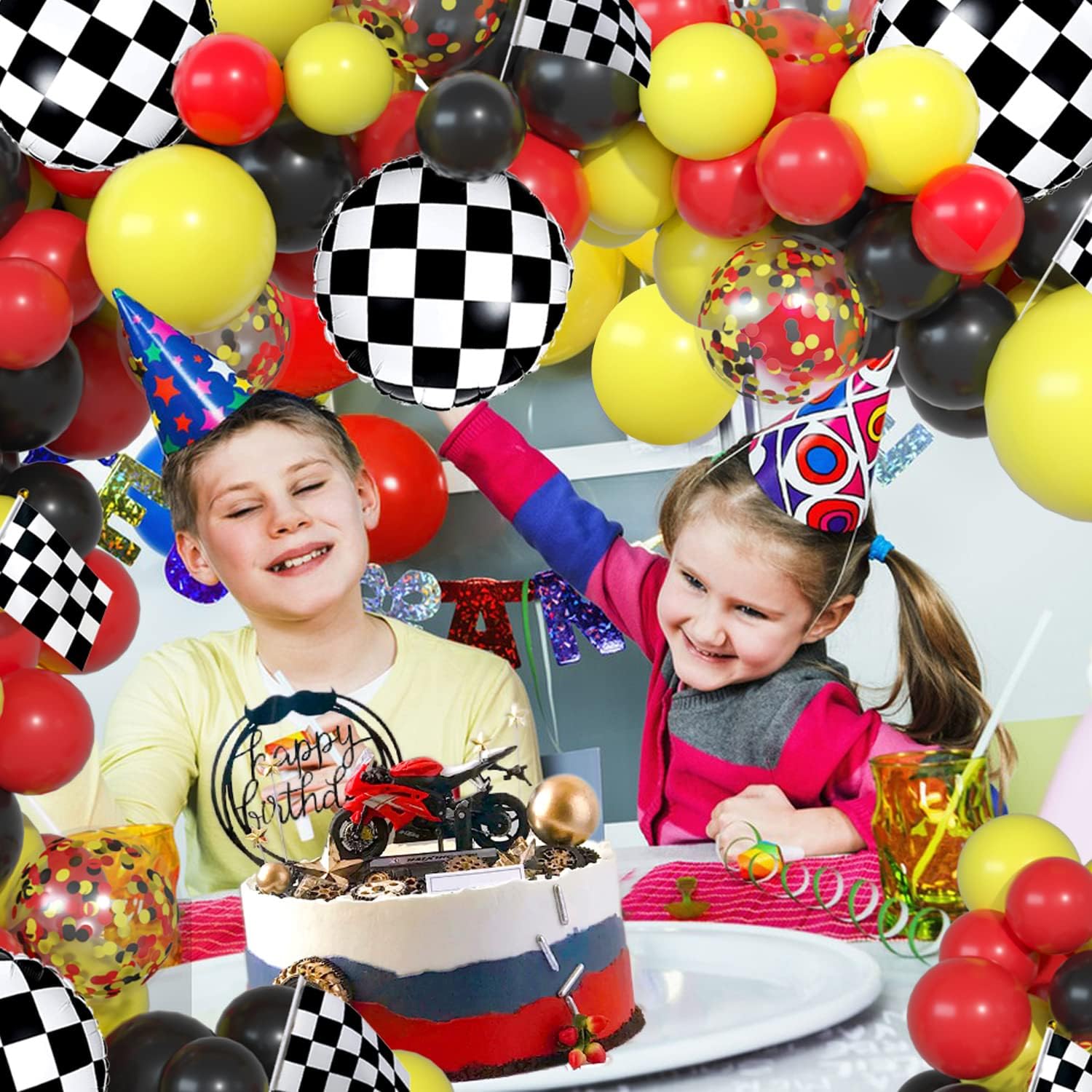 Race Car Balloon Garland Kit Red Black Yellow Latex Confetti Balloons Arch Black White Car Foil Balloons Flag for Baby Shower Cars Truck Party Decorations - Image 2