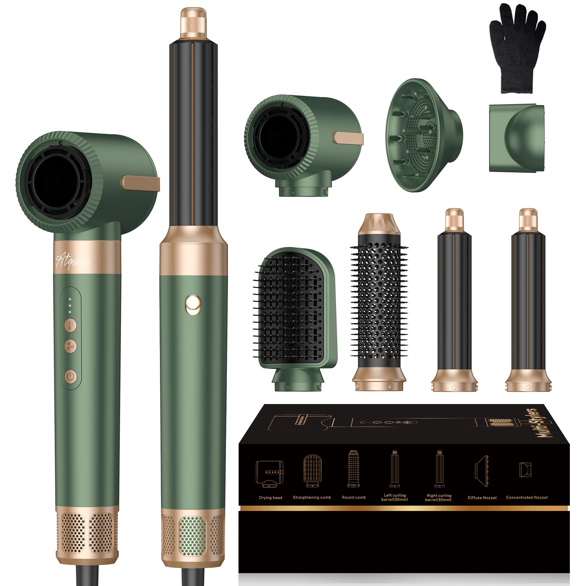 Atopskins Hairstyler Warmluftbürste 7 in 1 Airstyler set,110000 RPM Ionen Haartrockner Set mit Föhn,Luftstrom Rundbürsten Föhnbürste, Lockenstab,Glättbürste,für Haar Volumen, Glätten,Locken und Föhnen