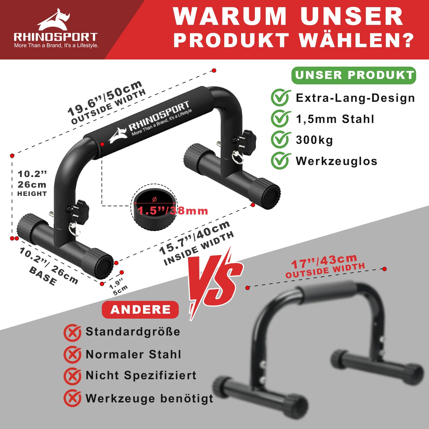 RHINOSPORT Parallettes Bars Dip Calisthenics Push Up Bars 10.2 in High 300Kg/661lbs Weight Capacity Strength Training Home Gym Workouts Calisthenics Equipment [19.6x10.2x10.2 in]