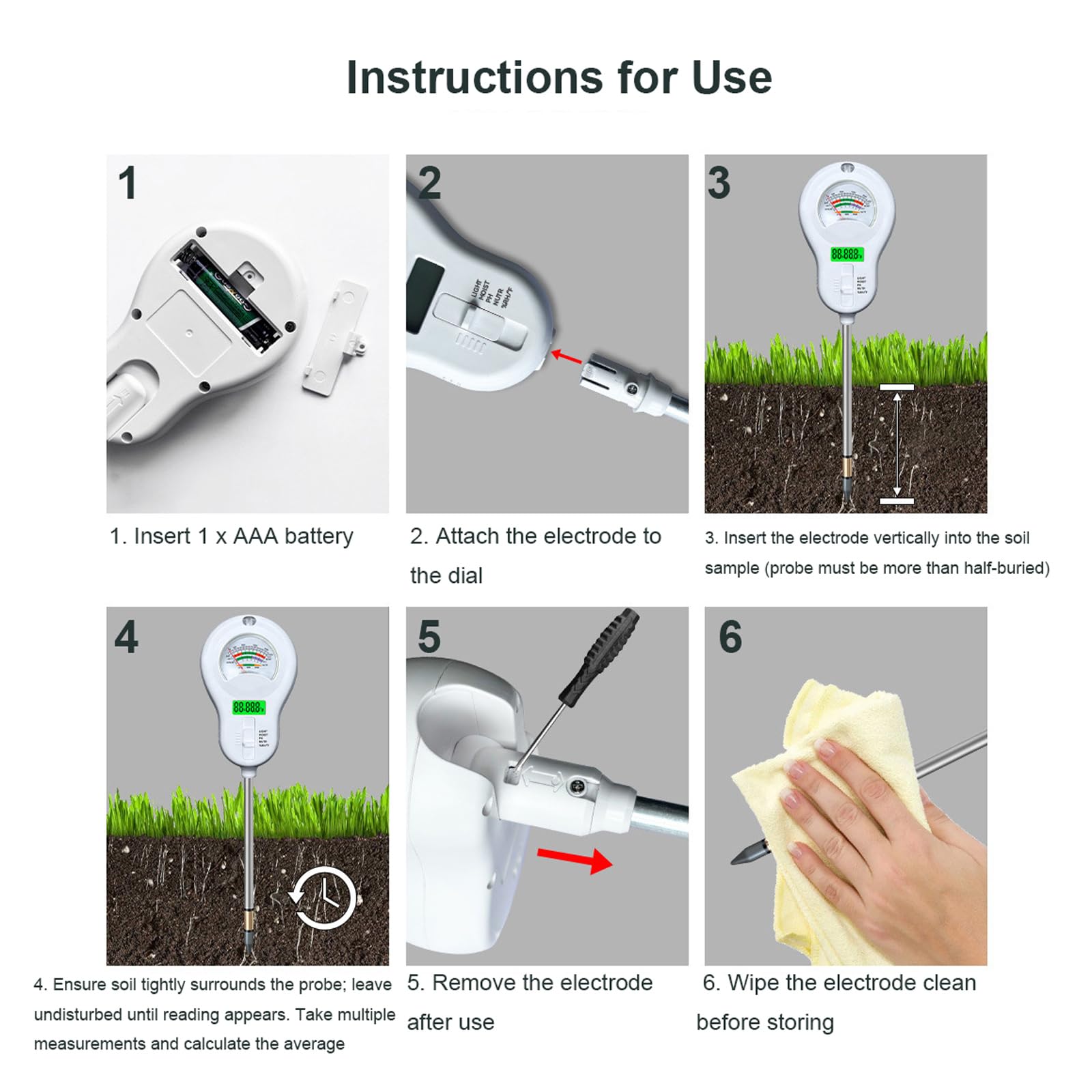 Generico 6-in-1 Analizzatore del Terreno, Misuratore di umidità/Misuratore di PH/Fertilità/Intensità della Luce Solare + Display LCD Ruotabile A 90° Igrometro/Termometro per Piante, Giardini