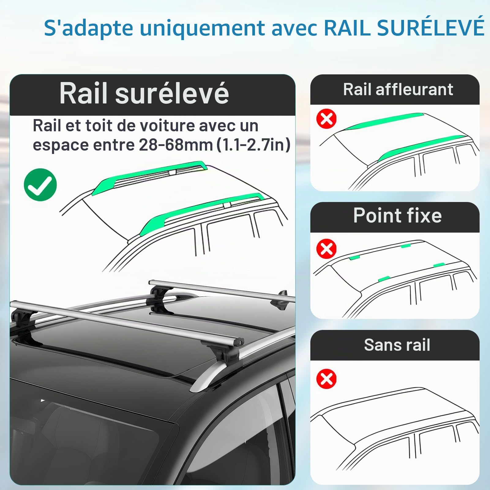 47,2" Barres de Toit Transversales Réglables, Capacité Charge 100kg, Barre de Toit Universelle Aluminium avec Dispositifs Antivol, Galerie de Toit pour SUV avec Rails Latéraux Surélevés