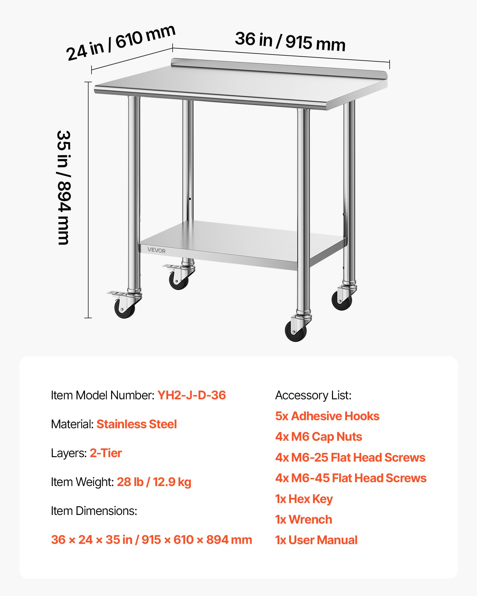VEVOR Mesa de Trabajo de Acero Inoxidable 2 Niveles, Mesa de Preparación con Ruedas 91,5 x 61 x 89,4 cm, Estante Inferior Ajustable, Protector contra Salpicaduras, para Restaurantes, Bares, Hoteles