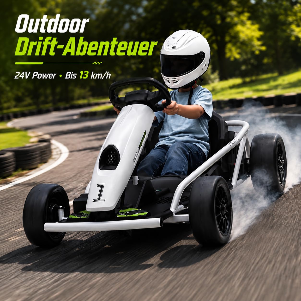 IDEALHOUSE Elektro GoKart 24V, Kinderfahrzeug Mit Drift-Funktion | 24V Kinder Elektro GoKart mit 2x300W Motoren, Drift-Funktion, Sicherheitsgurt, Sanftanlauf, Musik und verstellbarem Sitz