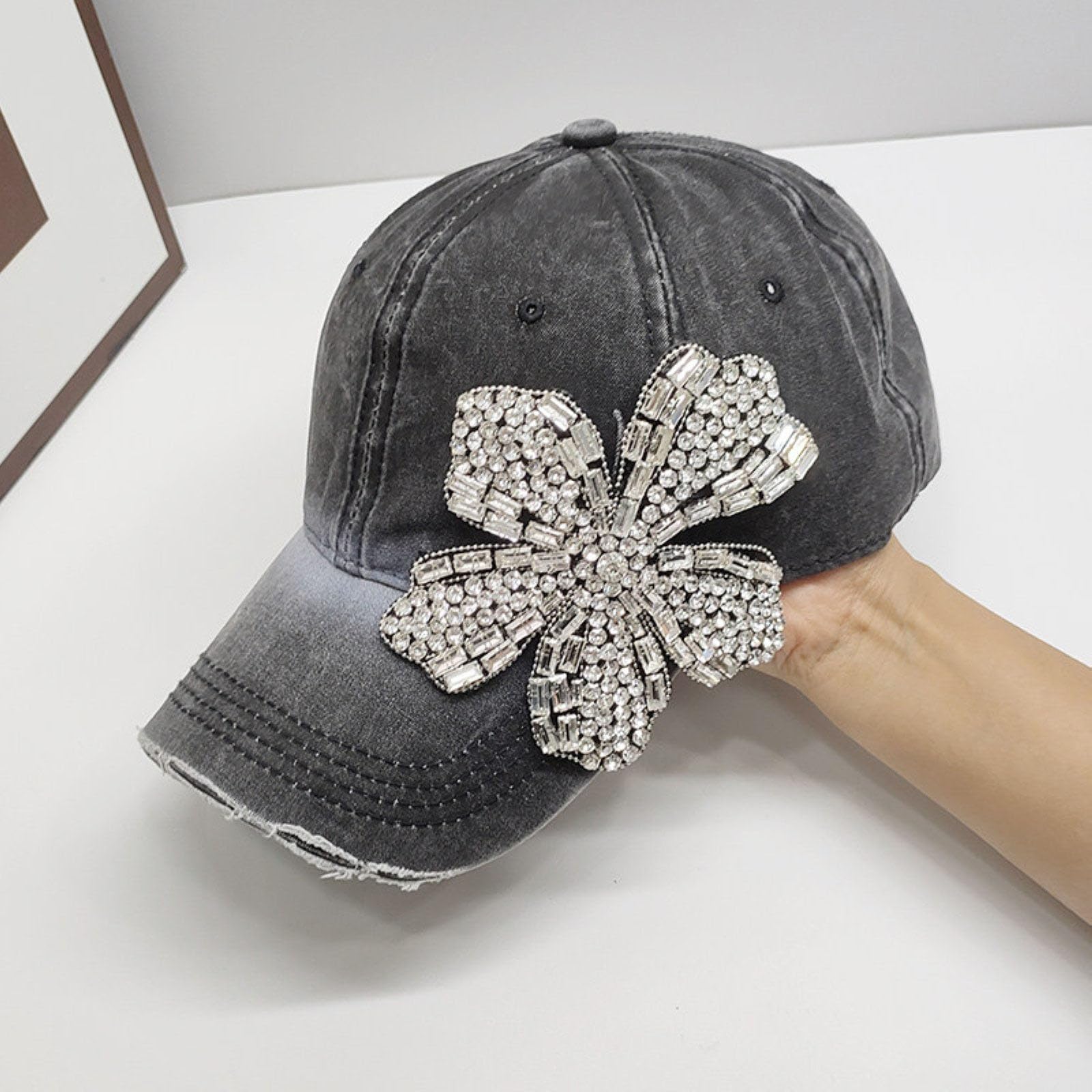 Cappellino Da Baseball Da Donna in Denim Lucido Con Strass Vintage Effetto Invecchiato Con Fiori Scintillanti Regolabile Modello Trucker
