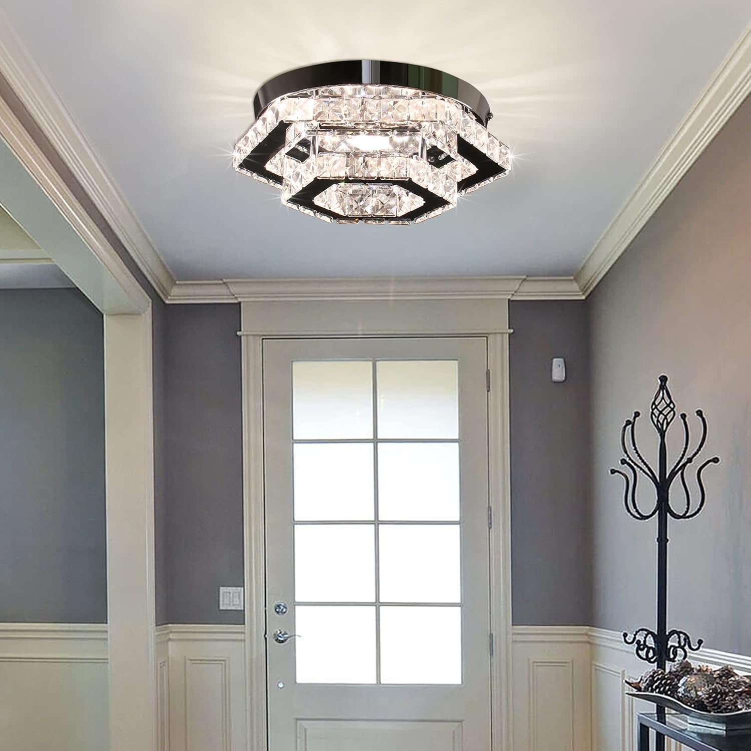CXGLEAMING Modern Crystal Chandelier LED Flush Mount Ceiling Light Hexagonal Pendant Lamp Fixture 3 Color Changing Ceiling Light for Bedroom Hallway Bar Living Room Bathroom