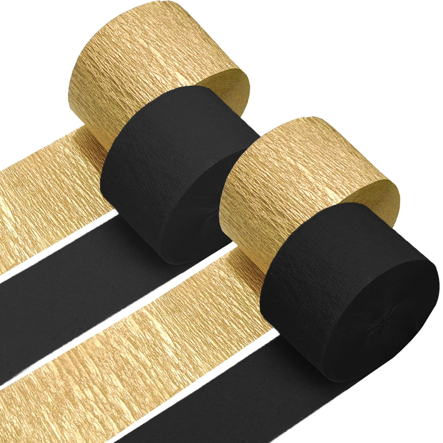 4 Crepe Paper Streamers Rolls, 328ft Pack of Black and Gold Crepe Paper for Birthday, Graduation, New Years, Wedding, Engagement Party Decorations (1.8 inch x 82 ft/Roll)