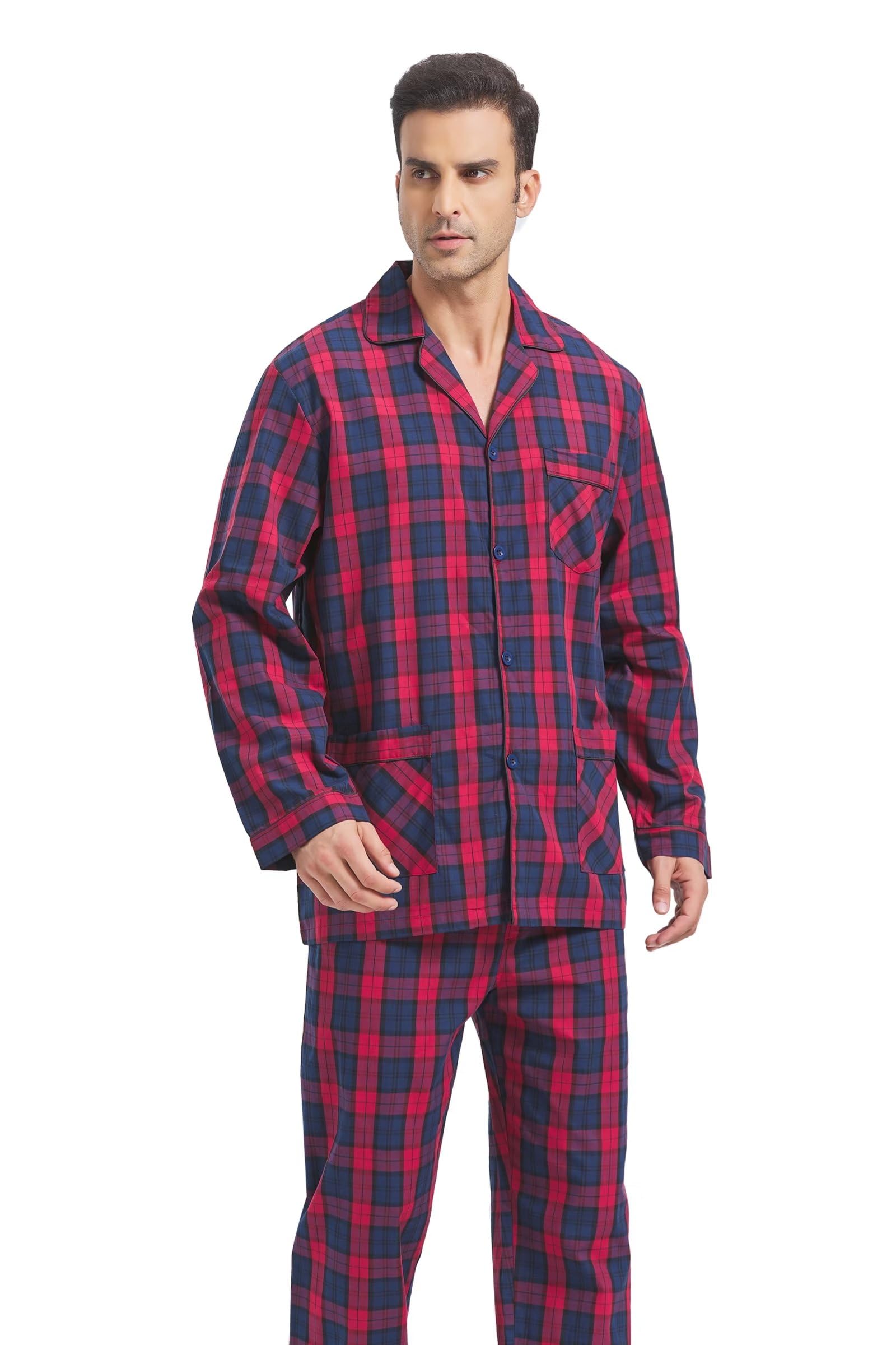 Pigiama da uomo in cotone set da 2 Pice Plaid Comfy pigiameria PJS con tasche