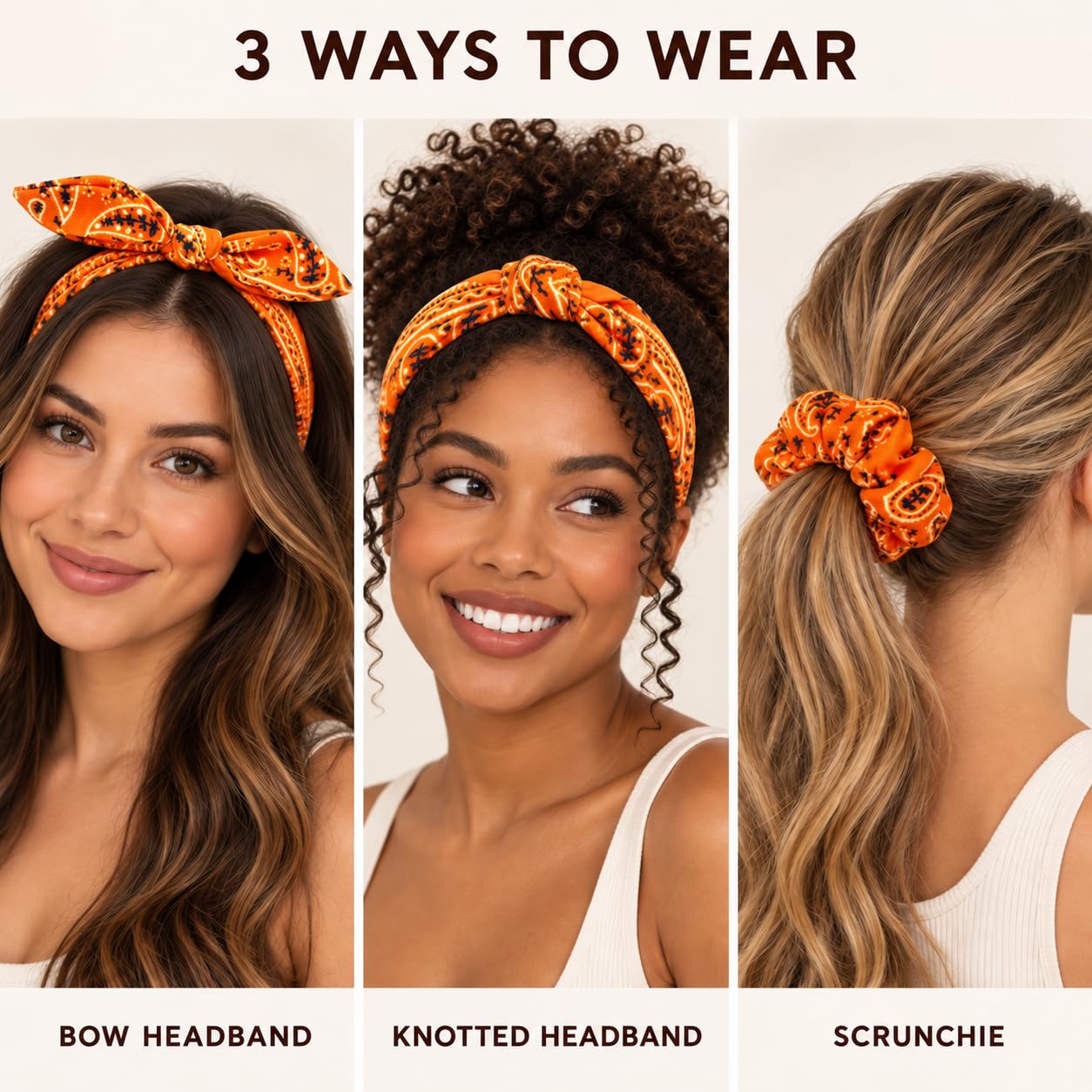 Orange Fall Bandana Headband Set – Knotted Bandana, Bunny Ear Headband & Scrunchie, 3-Pack Hair Accessories for Women & Girls for Fall Halloween Thanksgiving