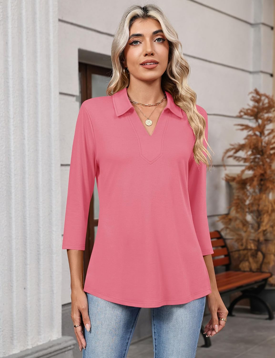 LOMON 3/4 Length Sleeve Womens Tops 2026 Spring Summer Collared Polo Shirts V Neck Casual Basic Polos Tees Shirt - Image 2