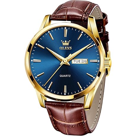 Watches for Men Brown Leather Gold Case Analog Quartz Fashion Day Date Watch Men