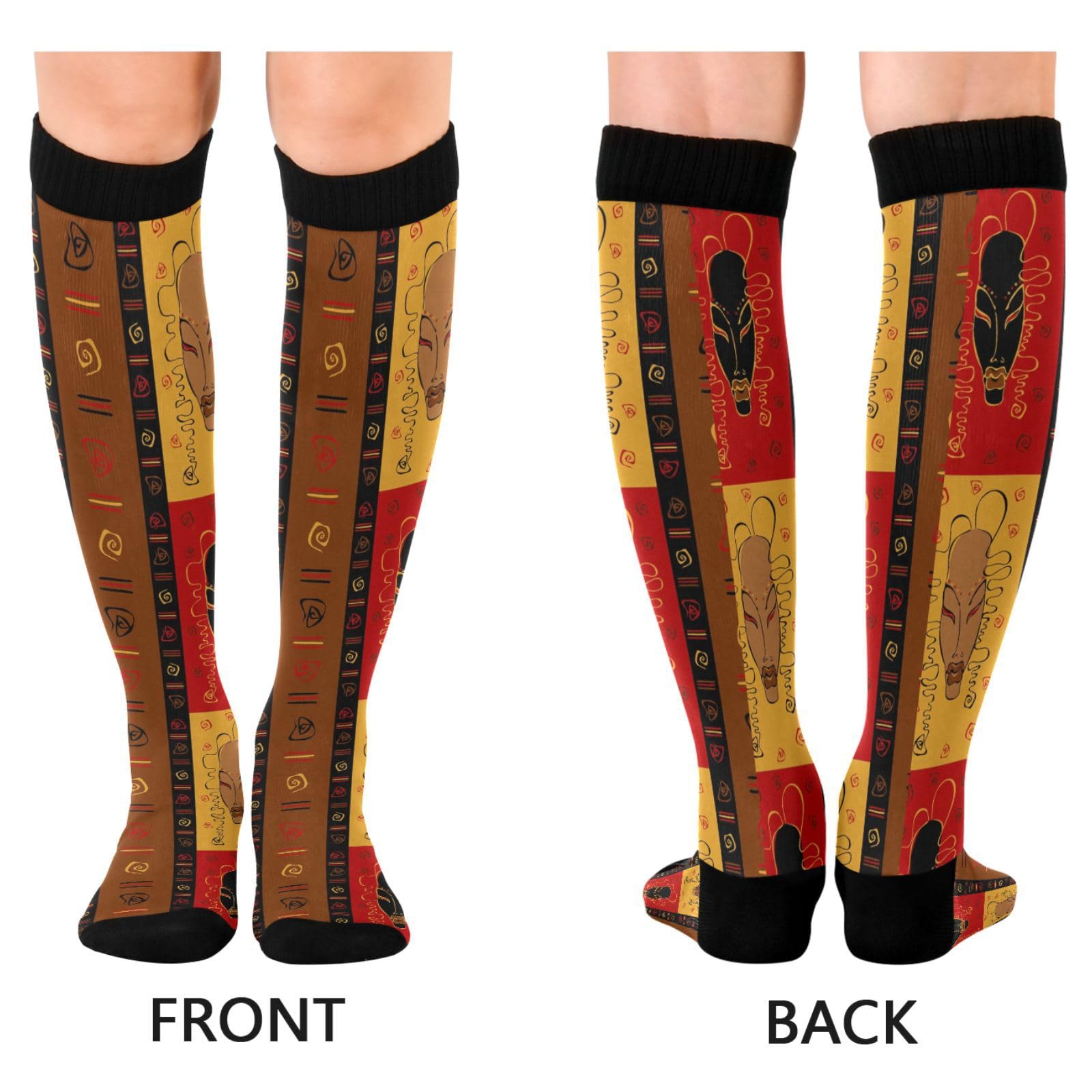 2 Pairs Unisex Compression Crew Knee Soft Circulation Socks High Sock Long Athletic for Running,Travel,Cycling Print Tribal African Masks Ethnic Afro American Ornament Style