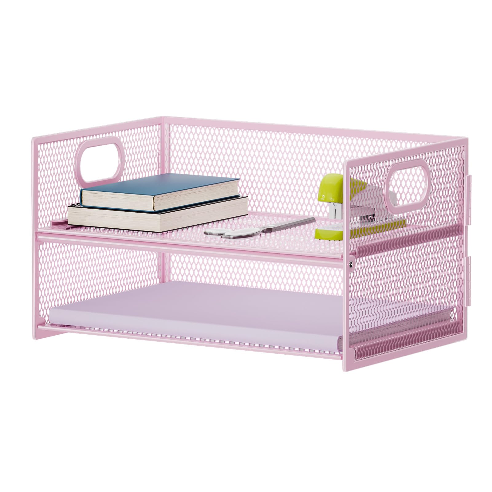 Photo 1 of Marbrasse 2 Tier Paper Organizer Letter Tray, Mesh File Organizer with Handle, Paper Sorter Desk Organizer for Home Office Supplies - Pink