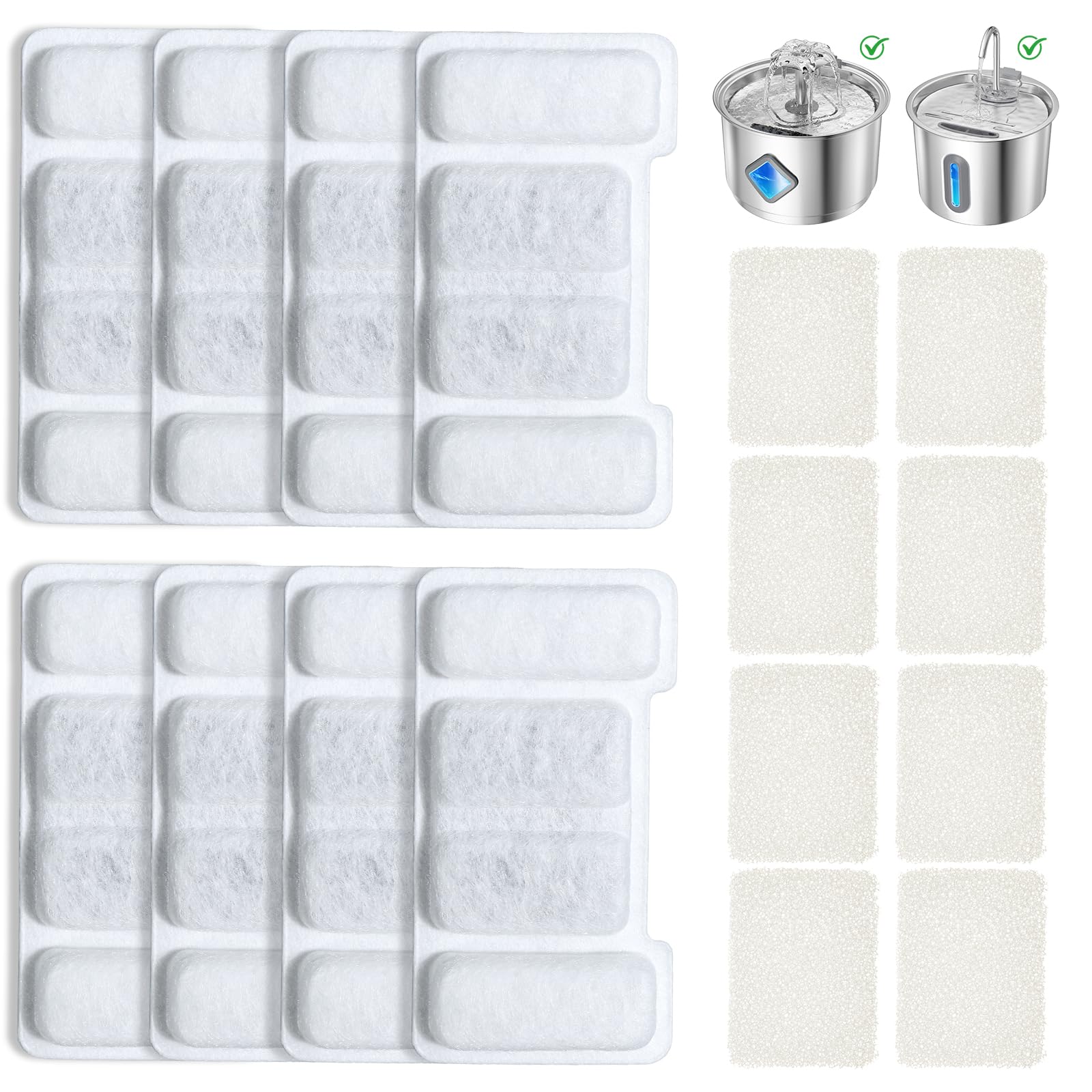 Zivacate 8 Pack Filter & 8 Pack Pump Filter Sponges Replacement for Zivacate Cat Water Fountain 2.2L / 2.8L, Cotton Activated Carbon & Maifan Stone Balls with Triple Filtration
