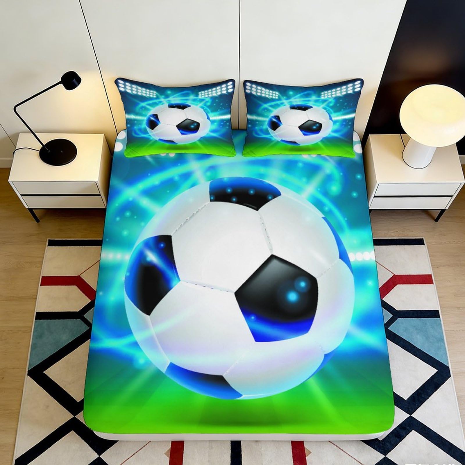 3D Printed Football Stadium Fitted Sheet Microfiber Soft Durable Soccer Ball Bed Cover for Bedroom Guest Room Decor 90x200x25cm