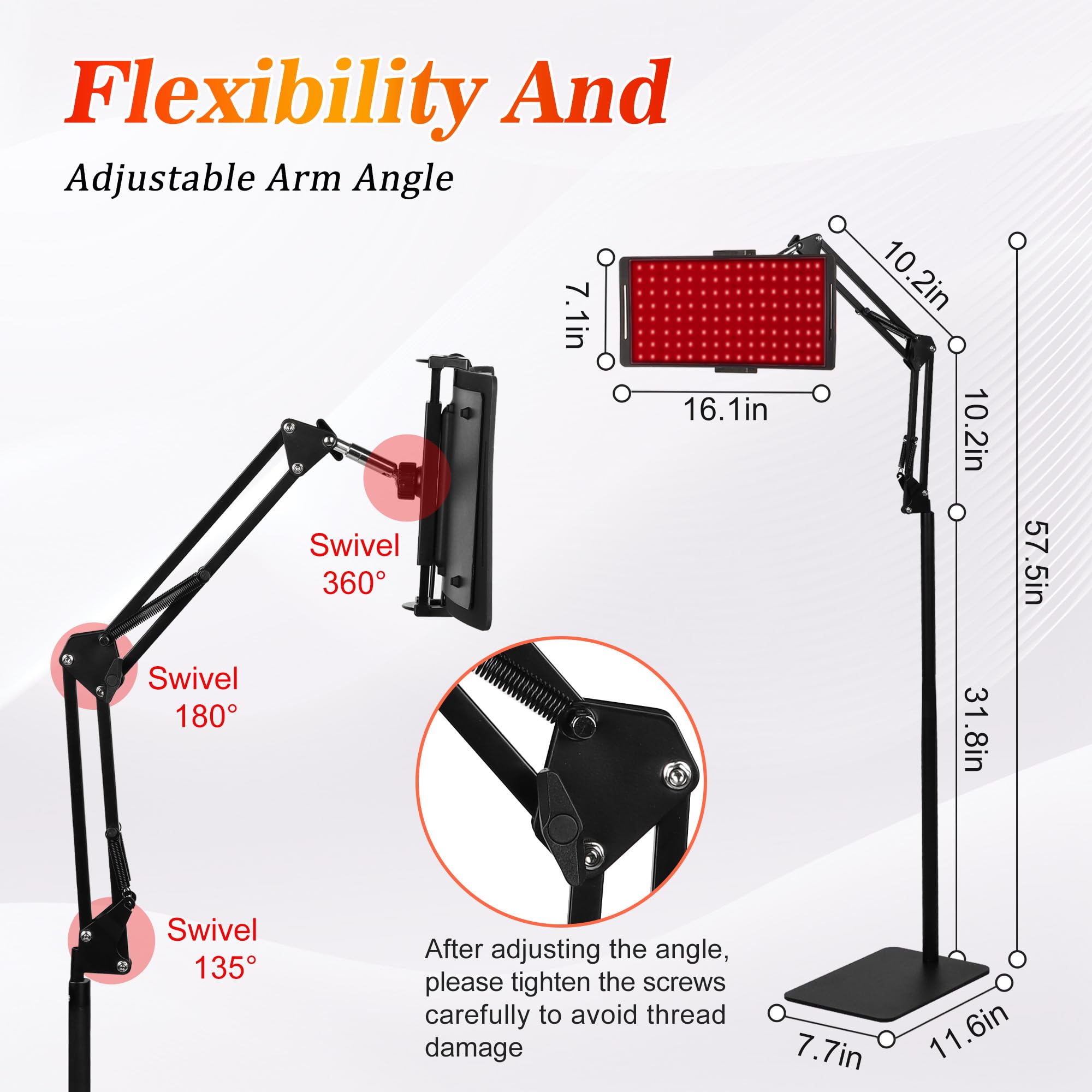 Lampe de luminothérapie rouge et infrarouge avec support - Longueur d'onde 660 nm/850 nm - Rotation à 360° - Minuteur - Hauteur réglable et luminosité pour une utilisation complète