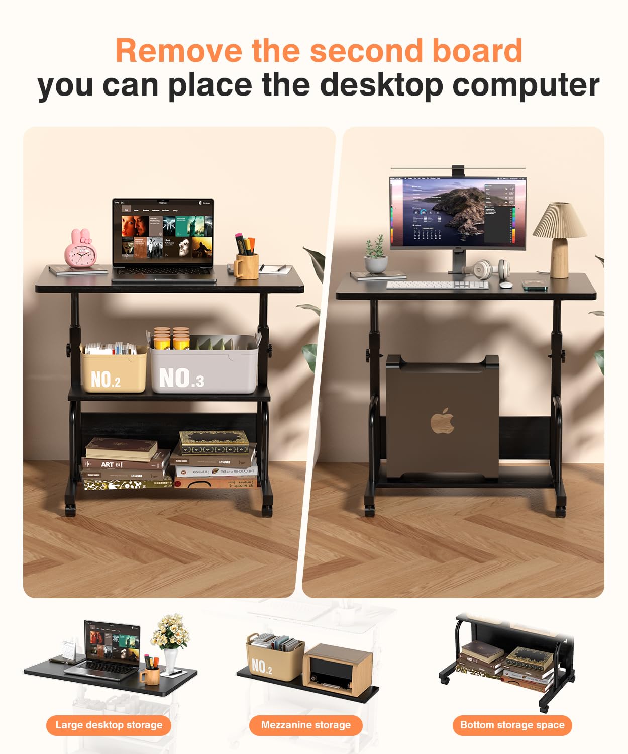Escritorio portátil con ruedas de altura ajustable para espacios pequeños, escritorio de computadora de 32 pulgadas con estantes de almacenamiento para oficina en casa, color negro 6