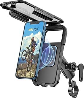 iMESTOU Waterproof Motorcycle Phone Mount IP67 with Wireless Qi/USB C 3.0 Charger Anti-Theft Handlebar Stem Cellphone Mounts Double Socket Arm Aluminum Base 720° Rotation for 3.5“-6.1" Smartphones