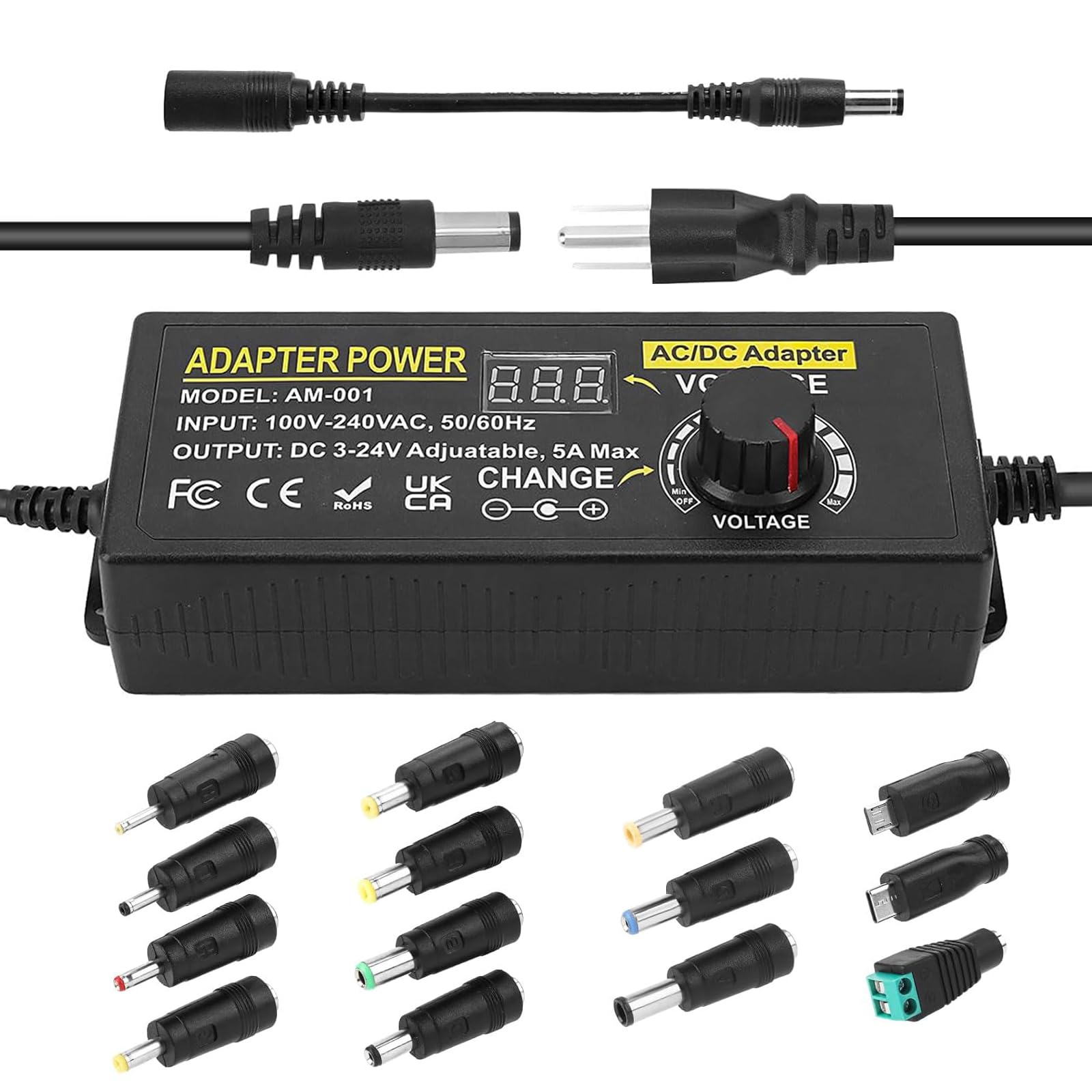 Adjustable Power Adapter, Towisituati Universal 3V ~ 24V Power Supply 5A 120W AC/DC Variable AC 100V-240V Universal DC Power Supply Adapter Converter