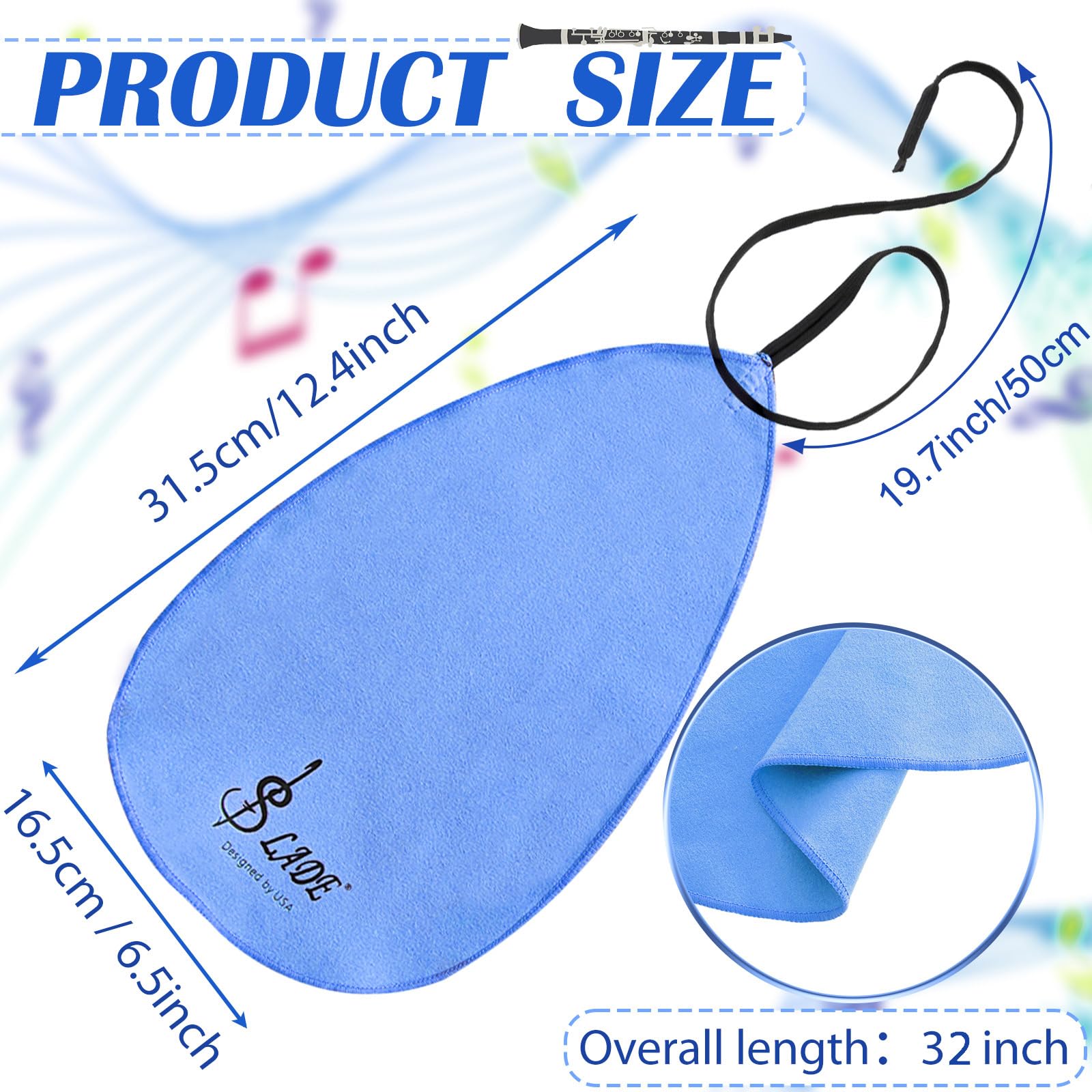 4 hisopos para clarinete para clarinete, paño de limpieza para tubo interior, adecuado para flauta piccolo, saxofón, saxofón (azul)