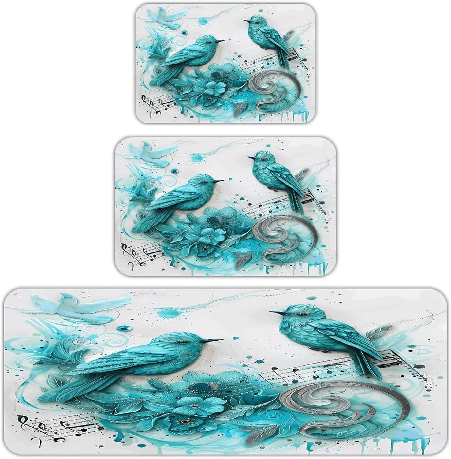 Teal Birds Musical Note Kitchen Rugs Sets of 3 Washable Non Slip Kitchen Rug Water Resistant Carpet Piece Anti Fatigue Kitchen Mats Soft Comfort Standing Mat Modern Area Rug