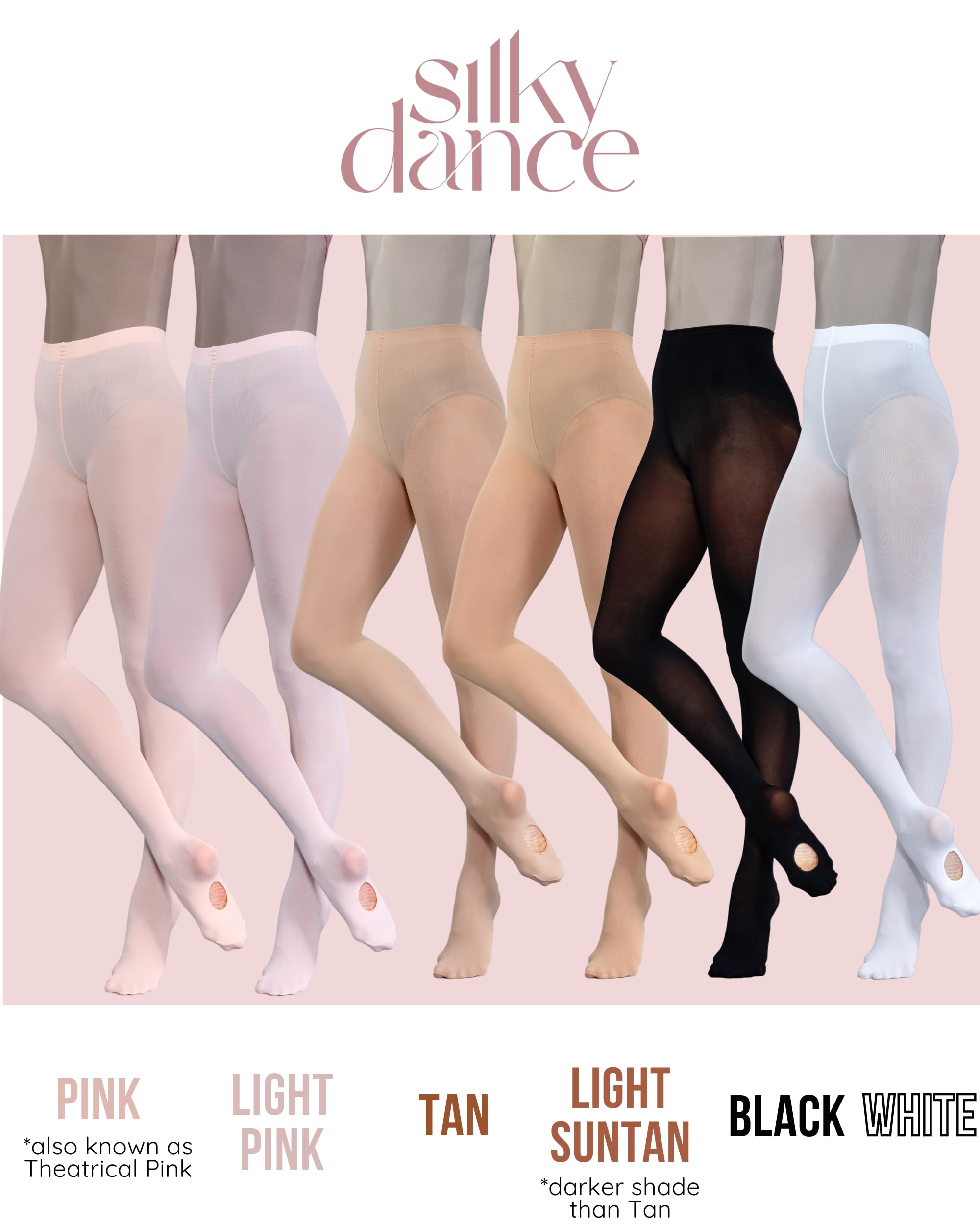 Silky Dance 2 pares de medias convertibles de ballet de danza, 60 denier, paquete múltiple para niñas, niños pequeños, adultos, mujeres, en rosa, rosa claro, blanco, negro, bronceado y bronceado claro